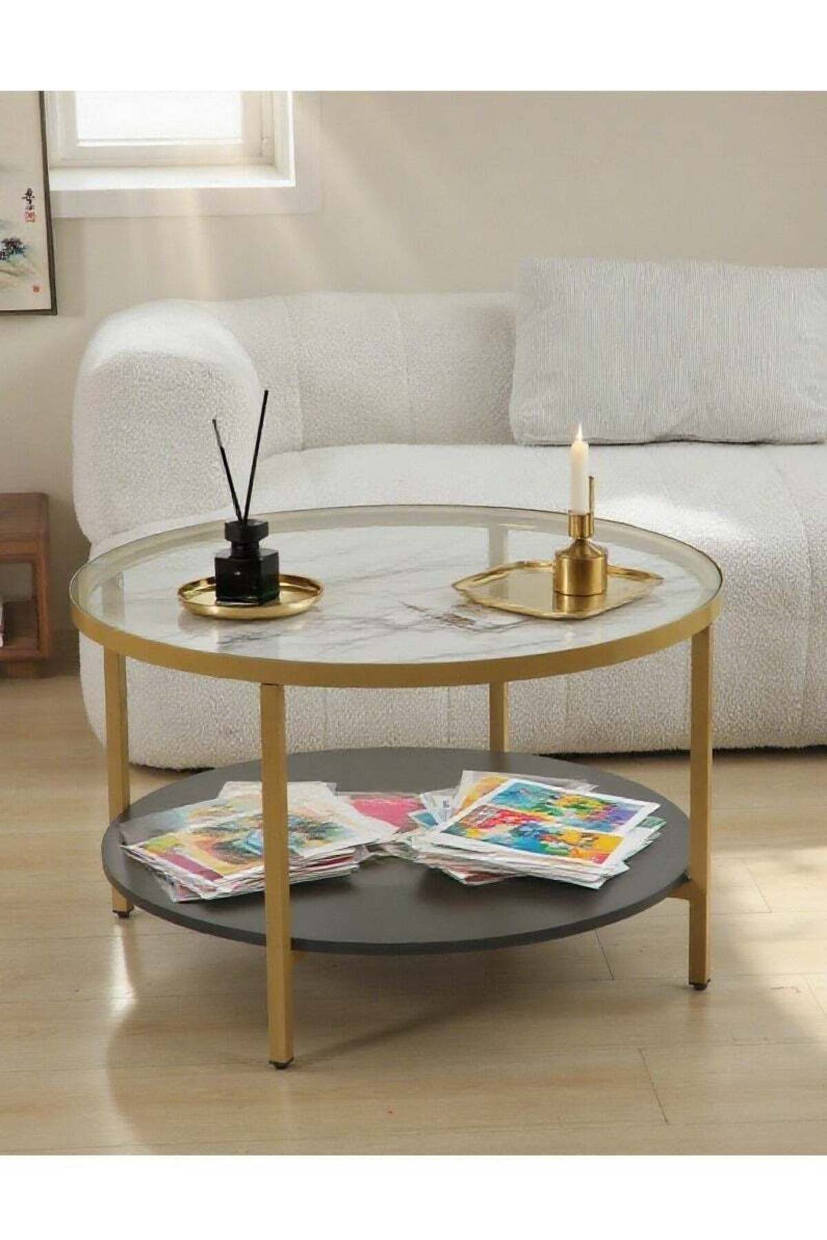 Domuik-2 Tier Glass Coffee Table, Round Large Center Table with Open Storage Shelf, Modern Side Tabl 1