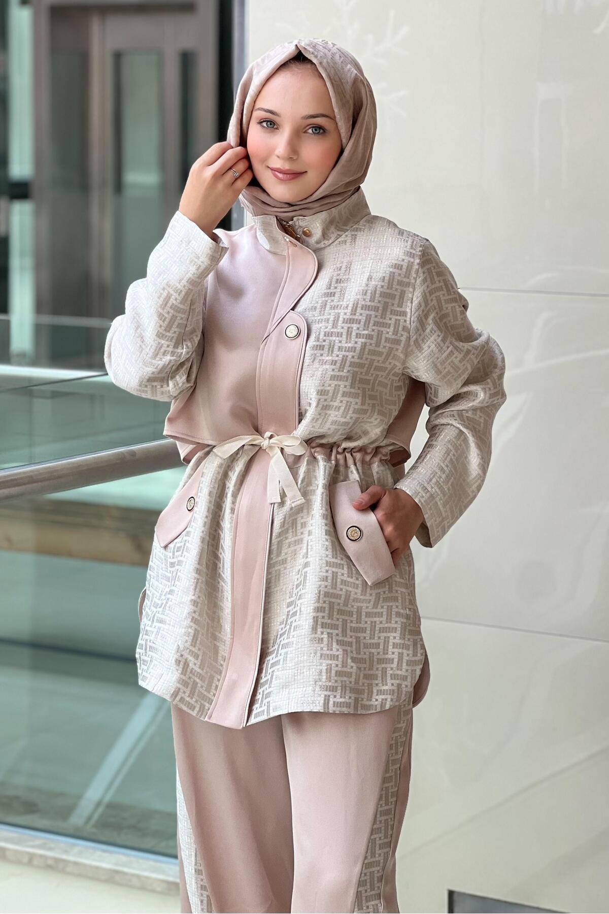 Ghisa-Self-Patterned Drawstring Waist Zippered Cap Pants Set 4