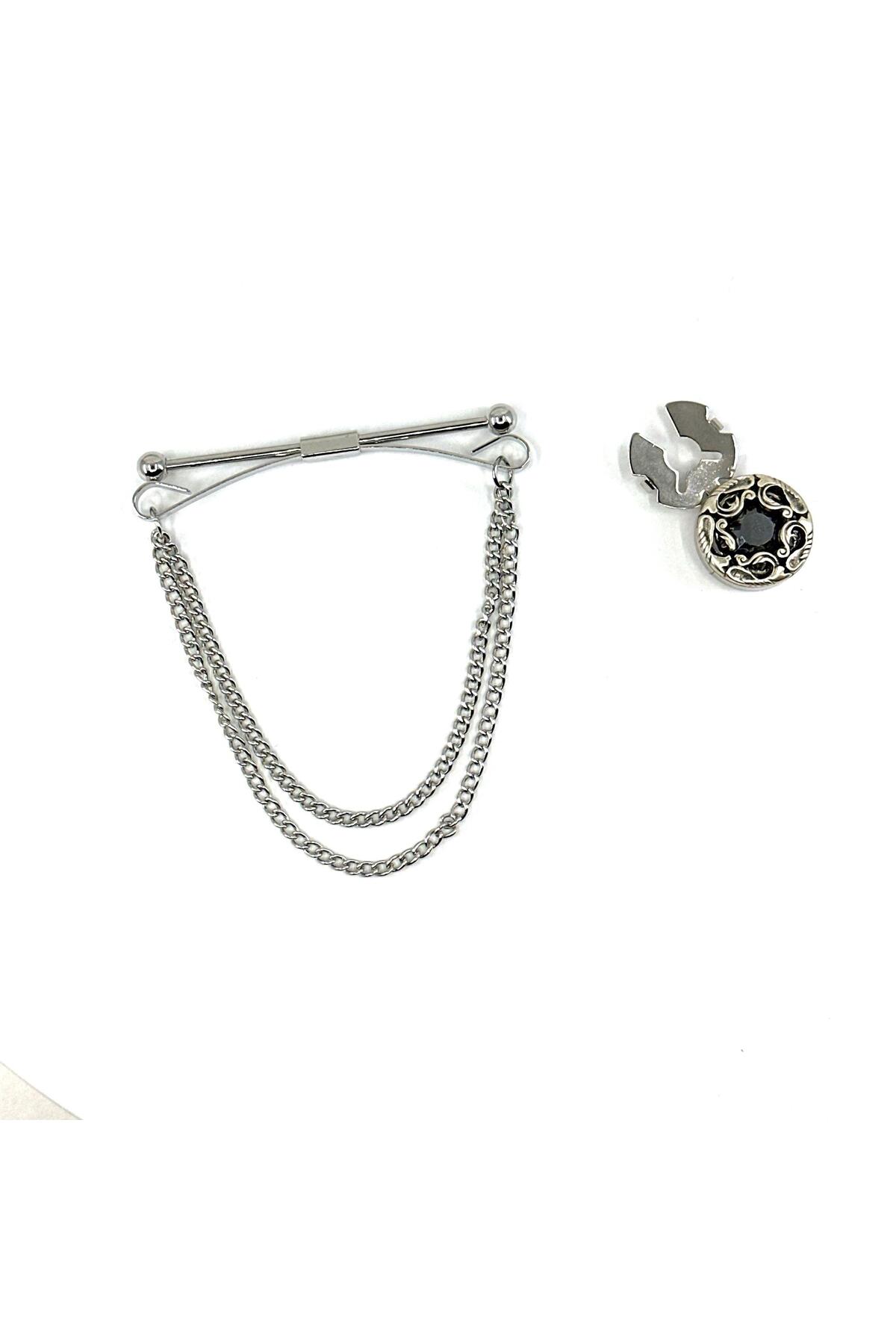  زنجیر یقه پیراهن نقره‌ای دو زنجیره و دکمه پیراهن اکسسوری GI254