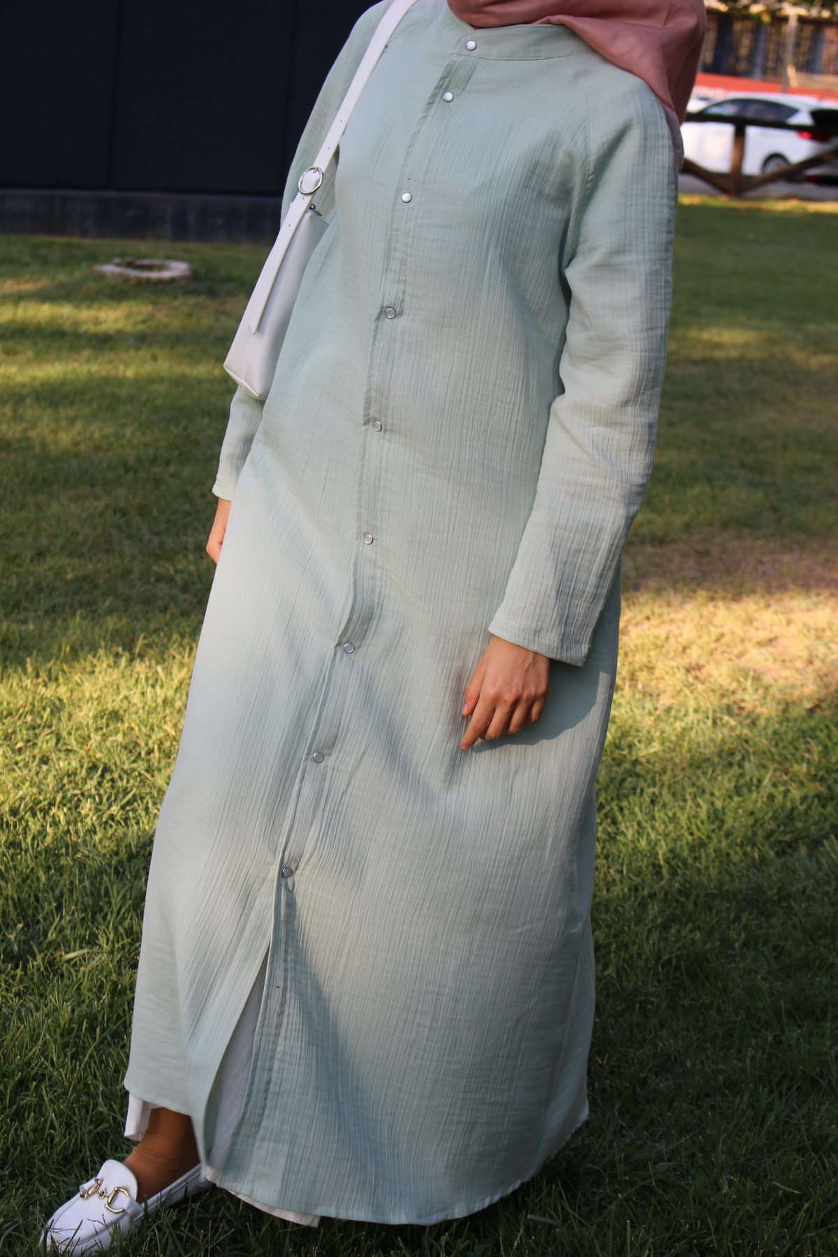 suara Düğmeli Müslin Ferace |%100 Pamuklu | Mint Yeşili