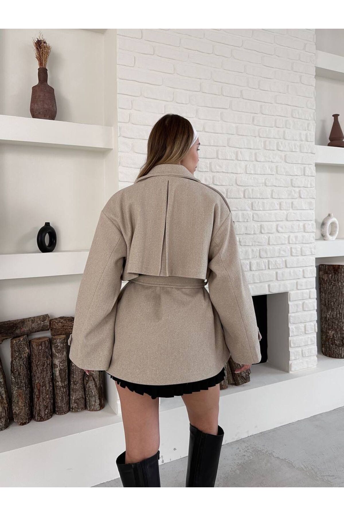 mylunessa  Kısa Oversize Premium Yumuşak Dokulu Bej Kaşe Kaban - Görsel 7