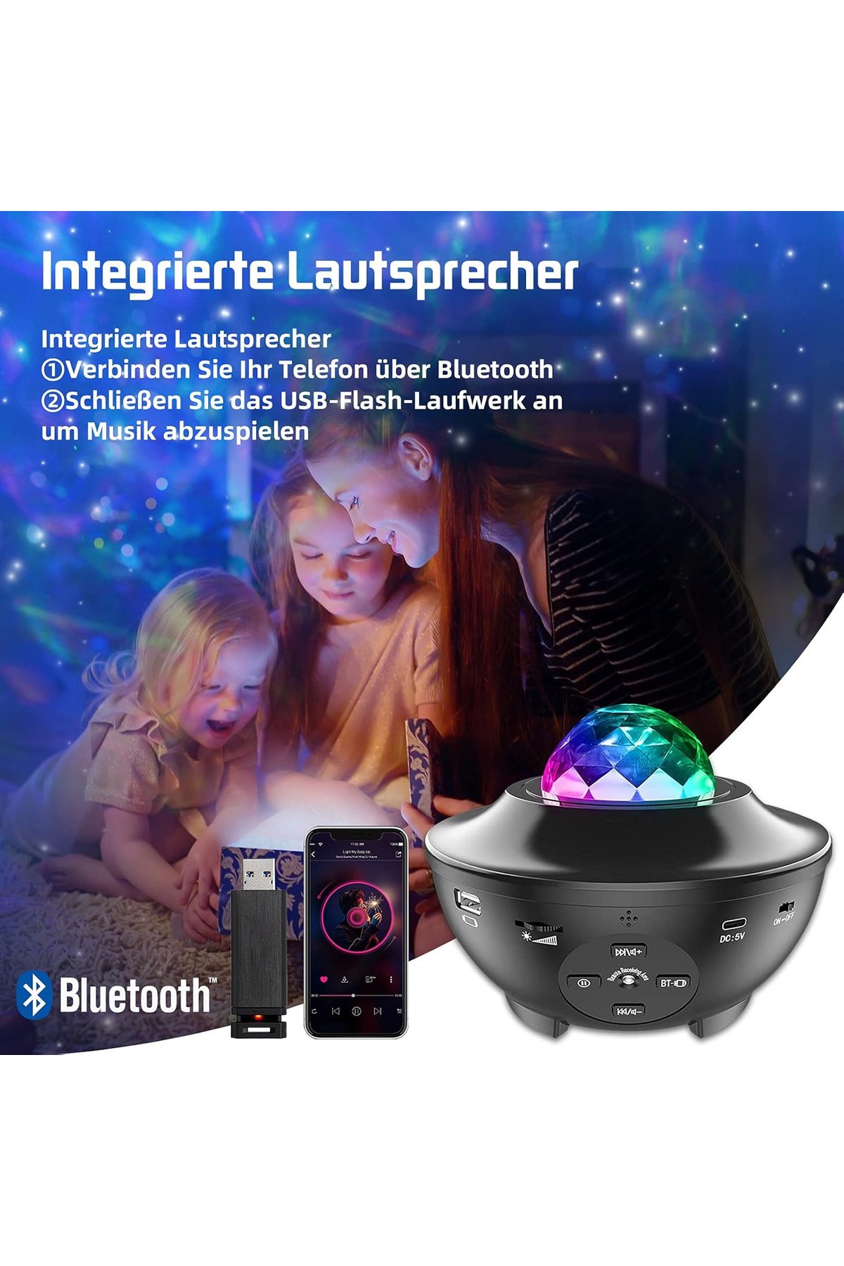 OEM-LED starry sky projector with rotating water waves, remote control, Bluetooth music player 5