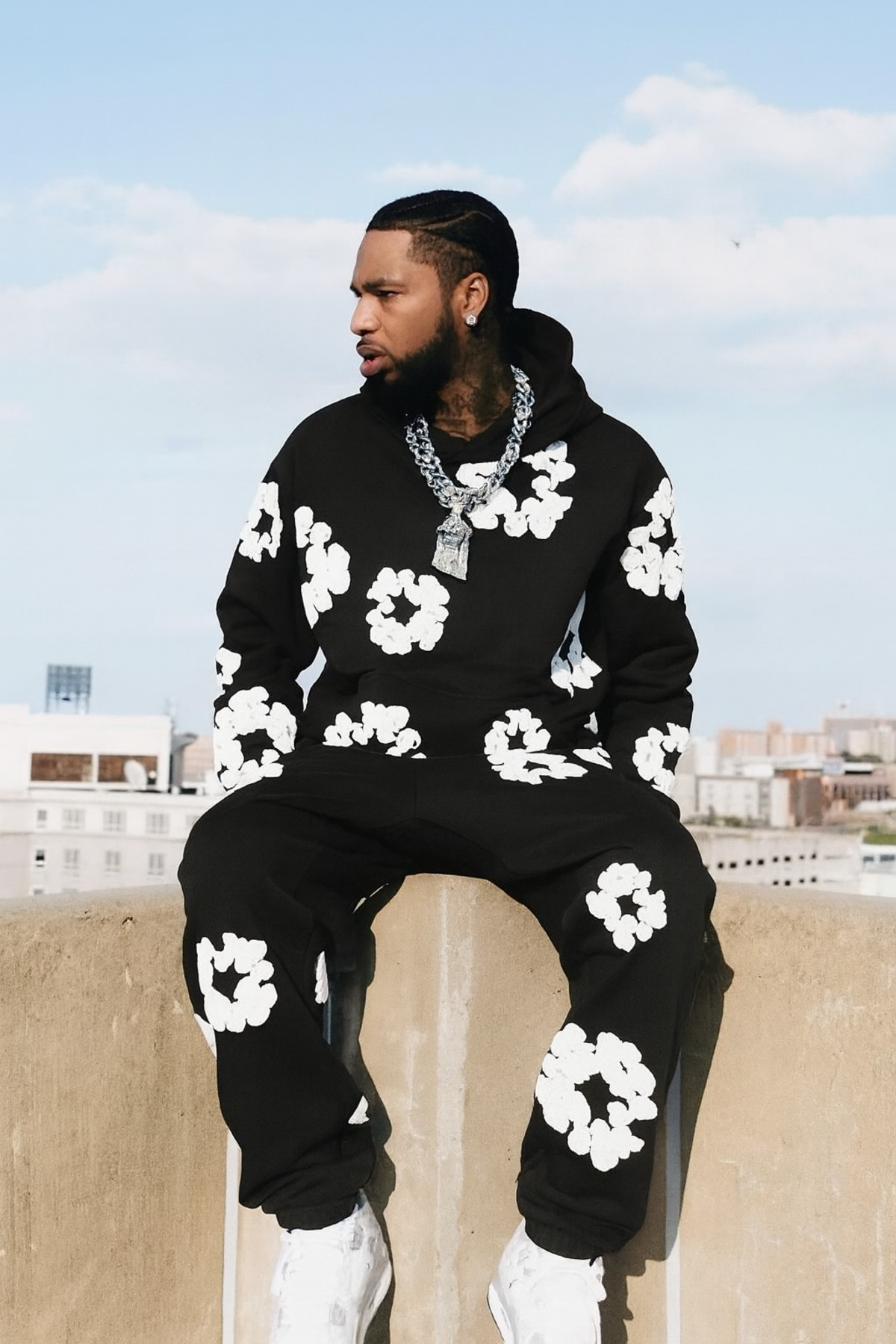 Unisex Oversize 3 İplik Eşofman Takım Kabartmalı Çiçek Desenli Hoodie ve Sweatpants Streetwear — مشکی H0233