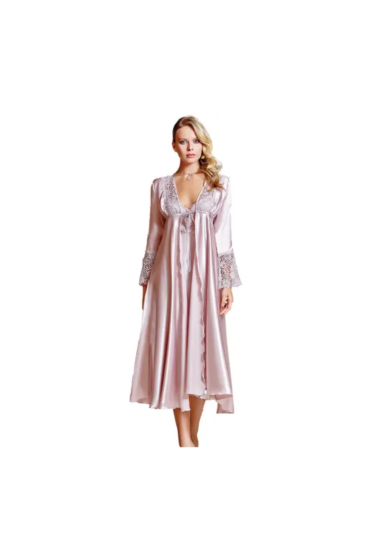 Ateksa Jeremi İpek Saten İkili Uzun Gecelik Sabahlık Takımı Pudra 2874