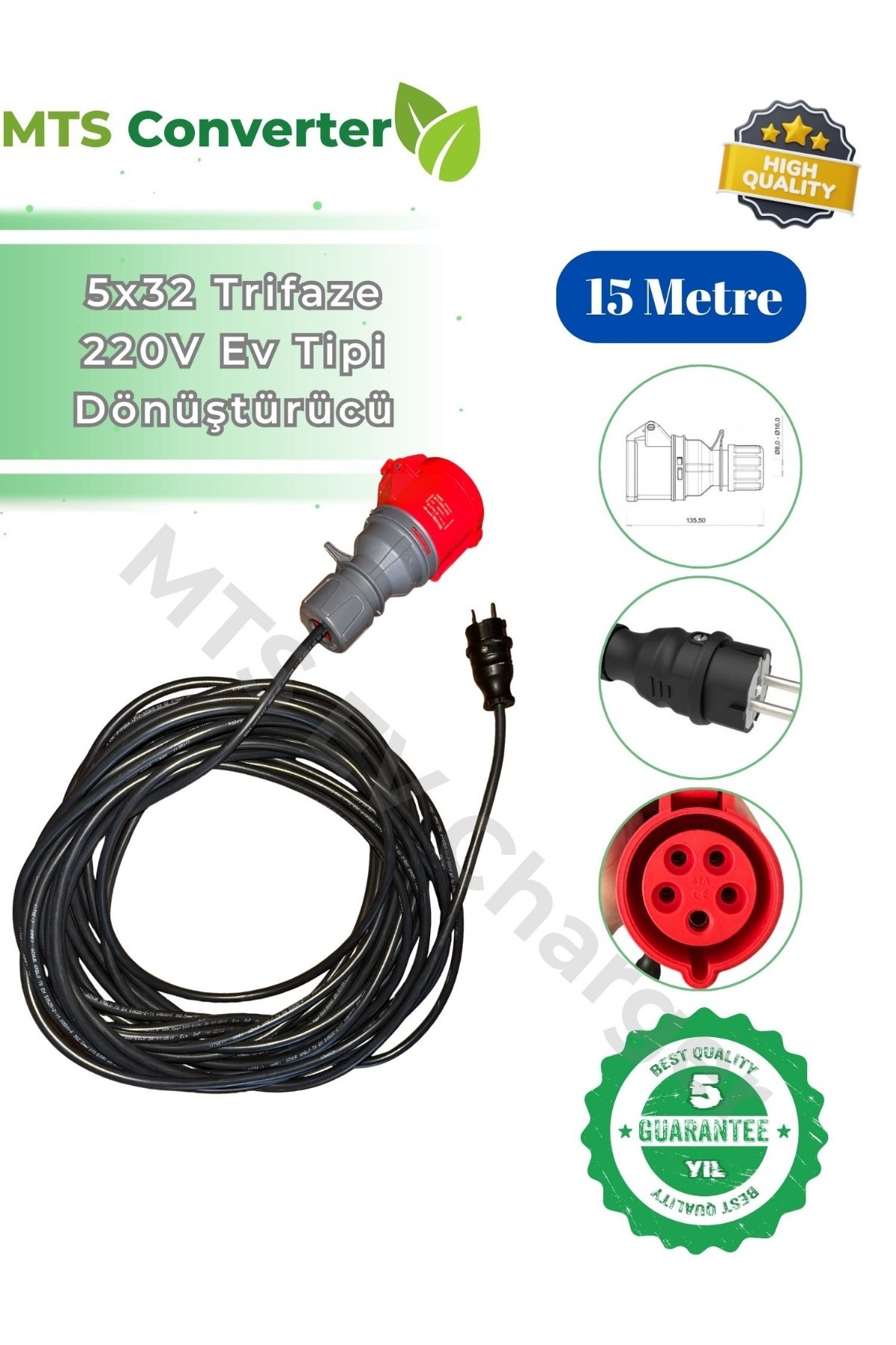 MTSevcharger 5*32 22kw Trifaze Monofaze 220 V ev prizi dönüştürücü 15 Metre Taşınabilir Elektrik Araç Şarj Cihazı
