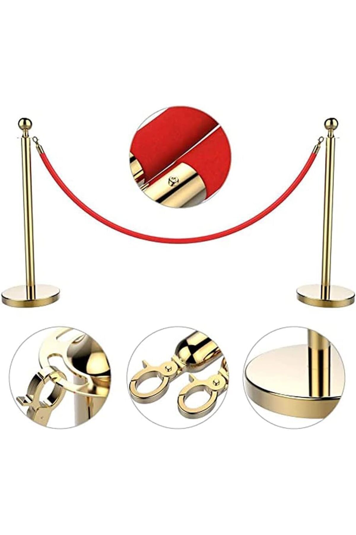 Generic-Crowd Control Stanchions with Red Velvet Rope, Gold-Plated Posts, Round Base, Set of 2 3