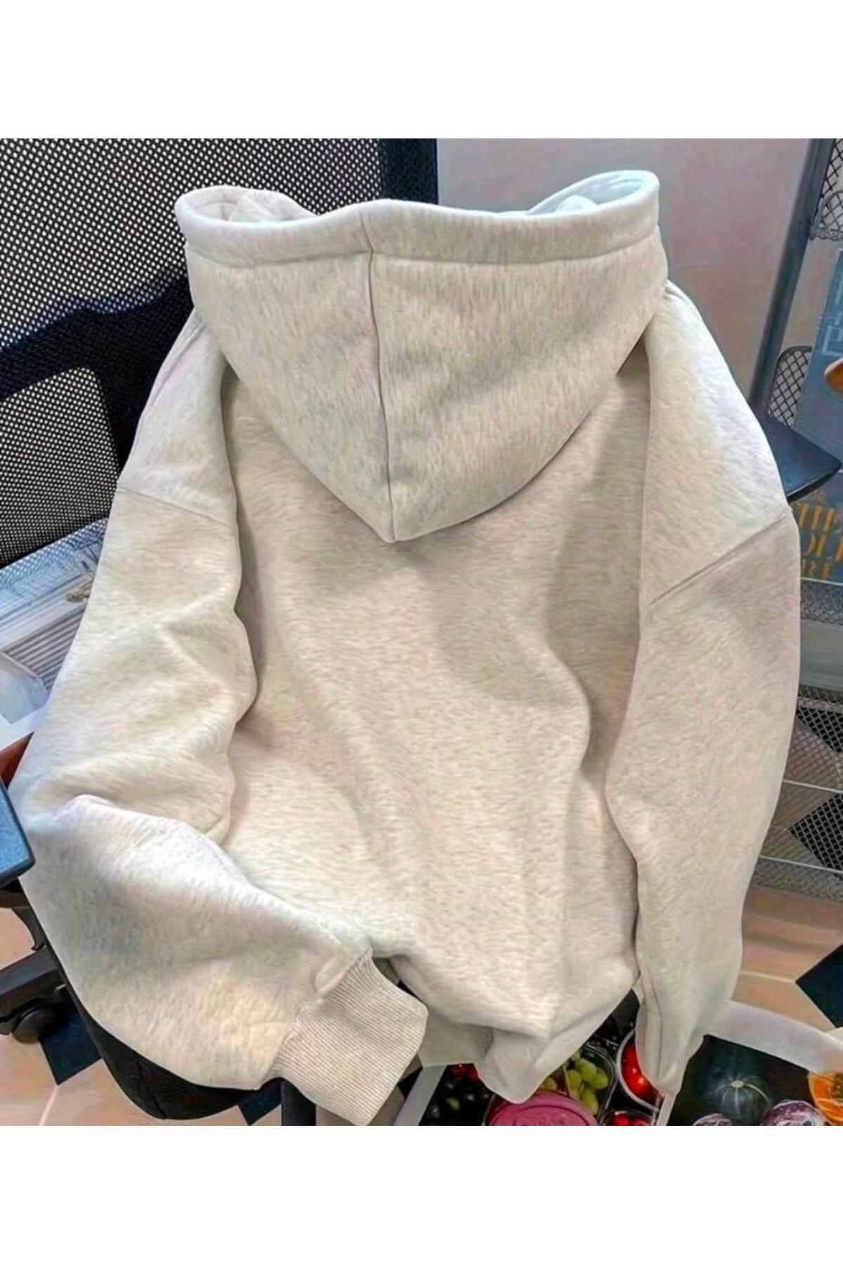 Elvino  Brooklyn 72 Baskılı Kadın/Erkek Unisex Oversize Kapüşonlu 3iplik Gri Sweatshirt - Görsel 2