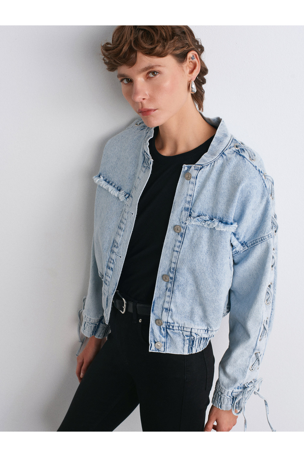 Dilvin 65367 %100 Pamuk Kolları Zımbalı Bomber Denim Mont-Mavi