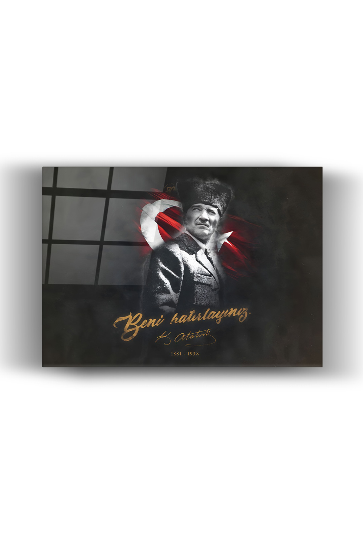 Ay Yıldızlı Mustafa Kemal Atatürk 'Beni Hatırlayınız' Sözlü Cam Tablo- Ev- Okul- Ofis Dekorasyonu