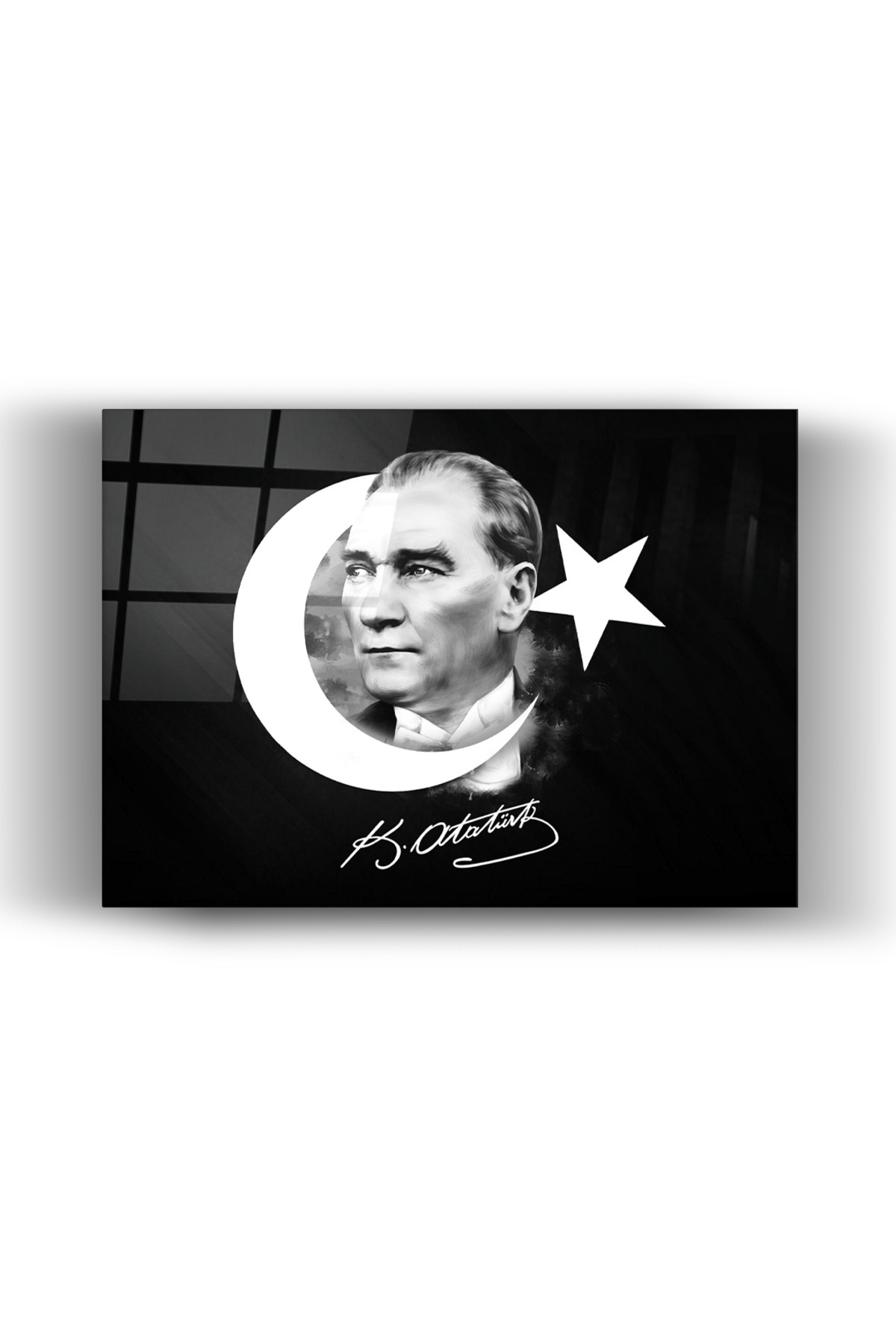 Ay Yıldızlı Mustafa Kemal Atatürk Cam Tablo- Ev- Okul- Ofis Dekorasyonu- İllüstrasyon- Duvar tablosu