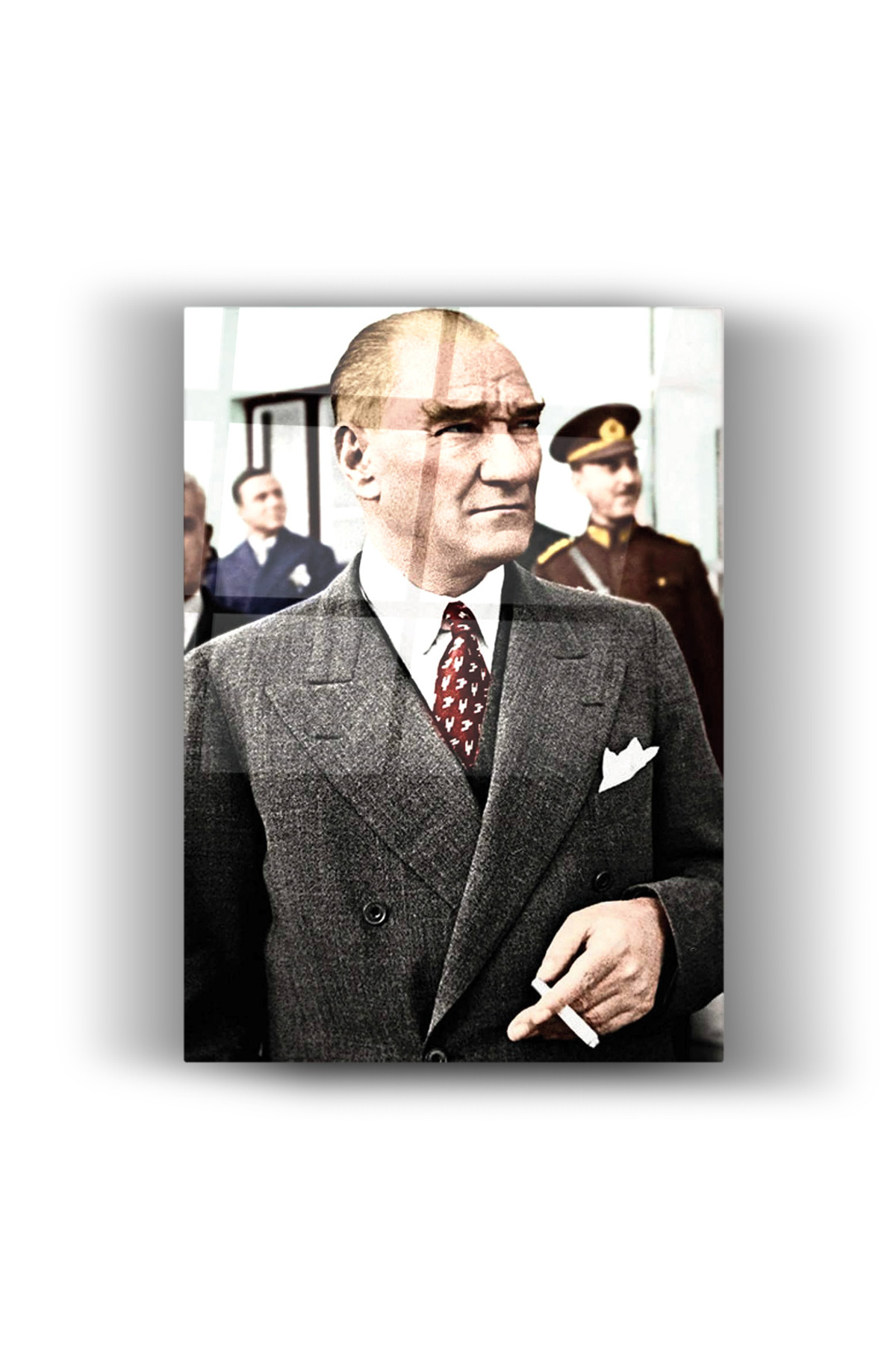 Asil Mustafa Kemal Atatürk Cam Tablo- Ev ve Ofis Dekorasyonu- Kırılmaz - Dikey- Siyah Beyaz-Okul
