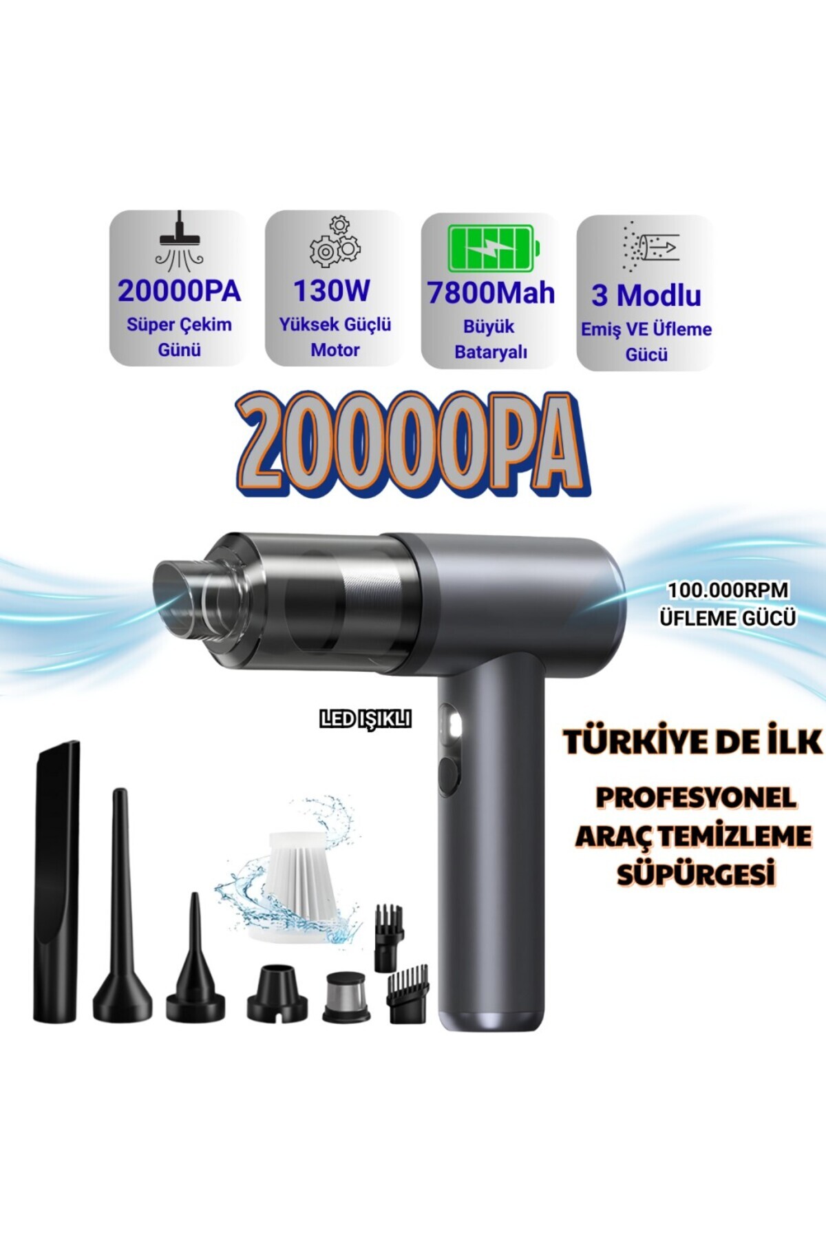 Polham 130W 20.000PA 7800Mah Şarjlı Profesyonel Araç Süpürgesi, Led Işıklı Oto Süpürge ve Üfleme Mak