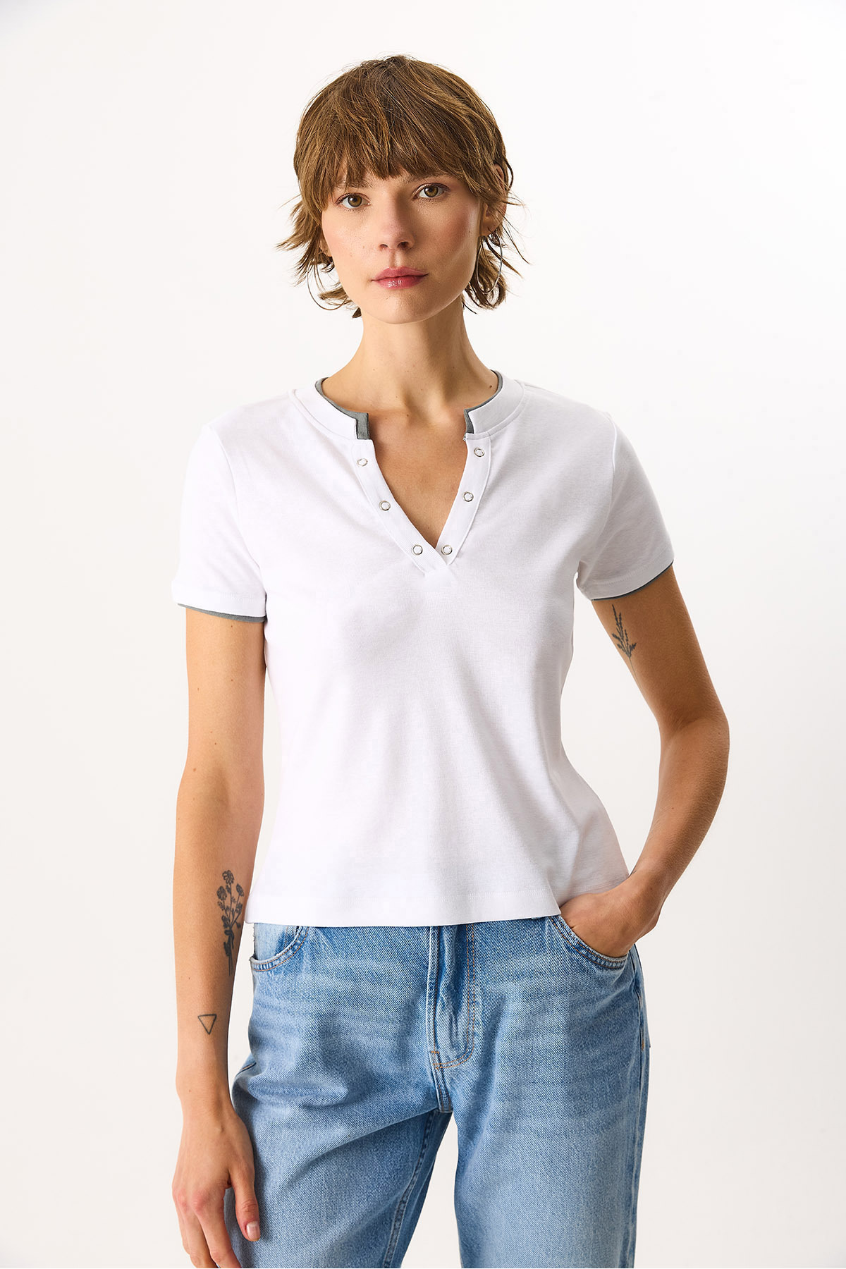 VENA  Yakası Çıt Çıtlı Ribana %100 Pamuk Tişört - BEYAZ - Görsel 3