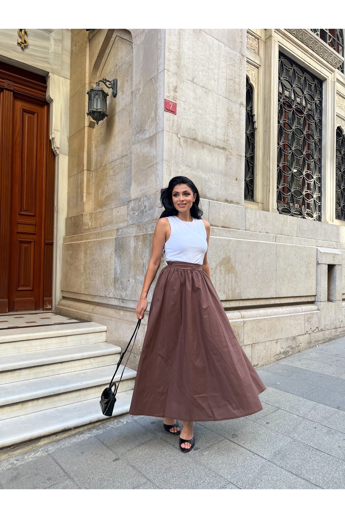 KÜÇÜĞÜM BUTİK  Kahverengi Kloş Poplin Etek - Görsel 7