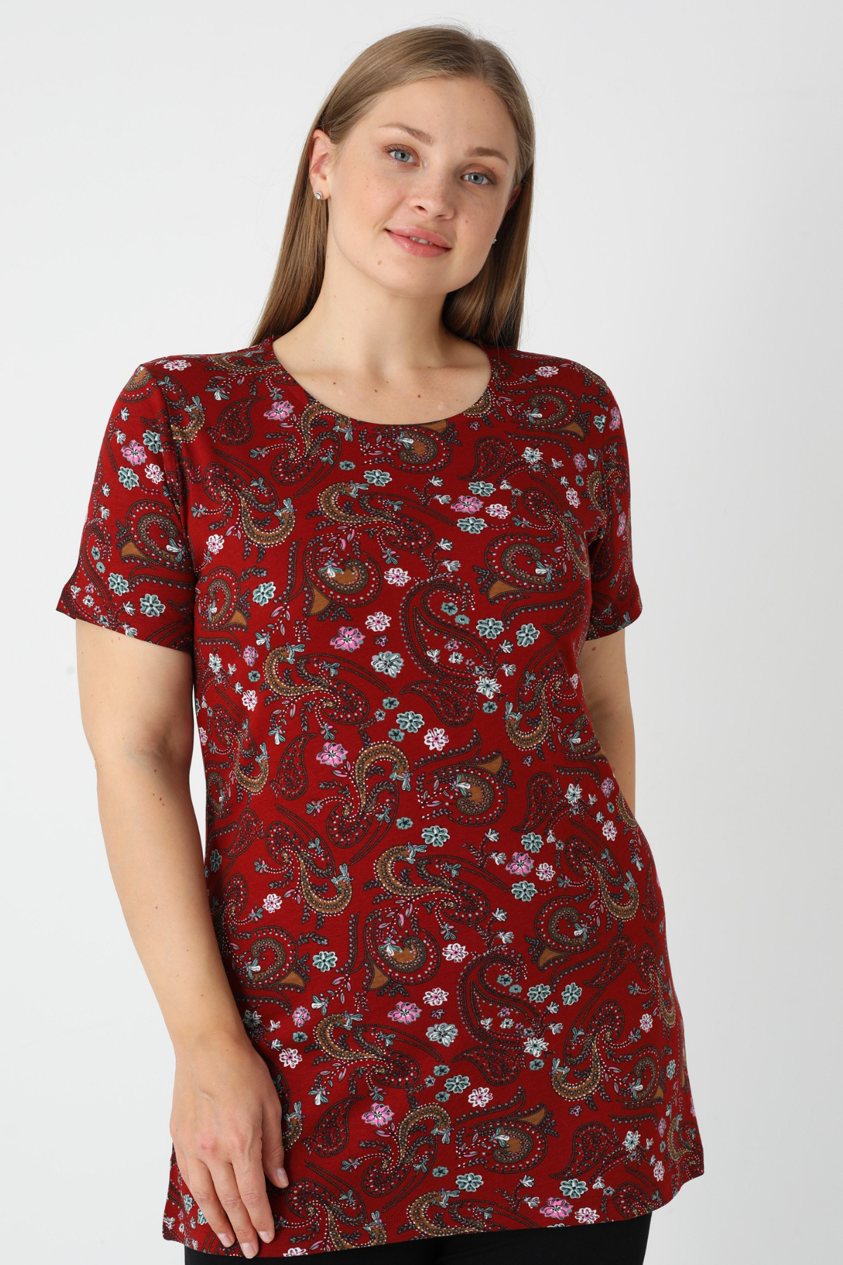 İntensive Bordo Desenli Kısa Kollu Pamuklu Kadın Büyük Beden T-Shirt