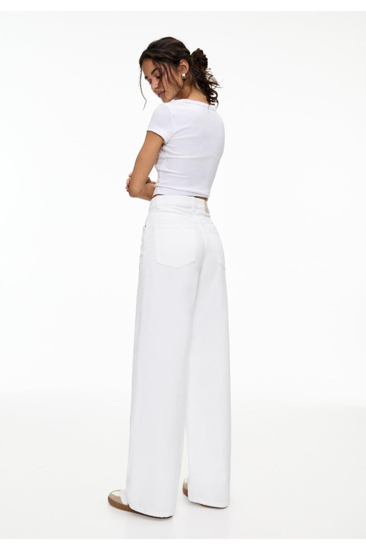 geenz manifacture  Beyaz Likralı Yüksek Bel Geniş Paça Bol,salaş Palazzo Jeans - Görsel 3