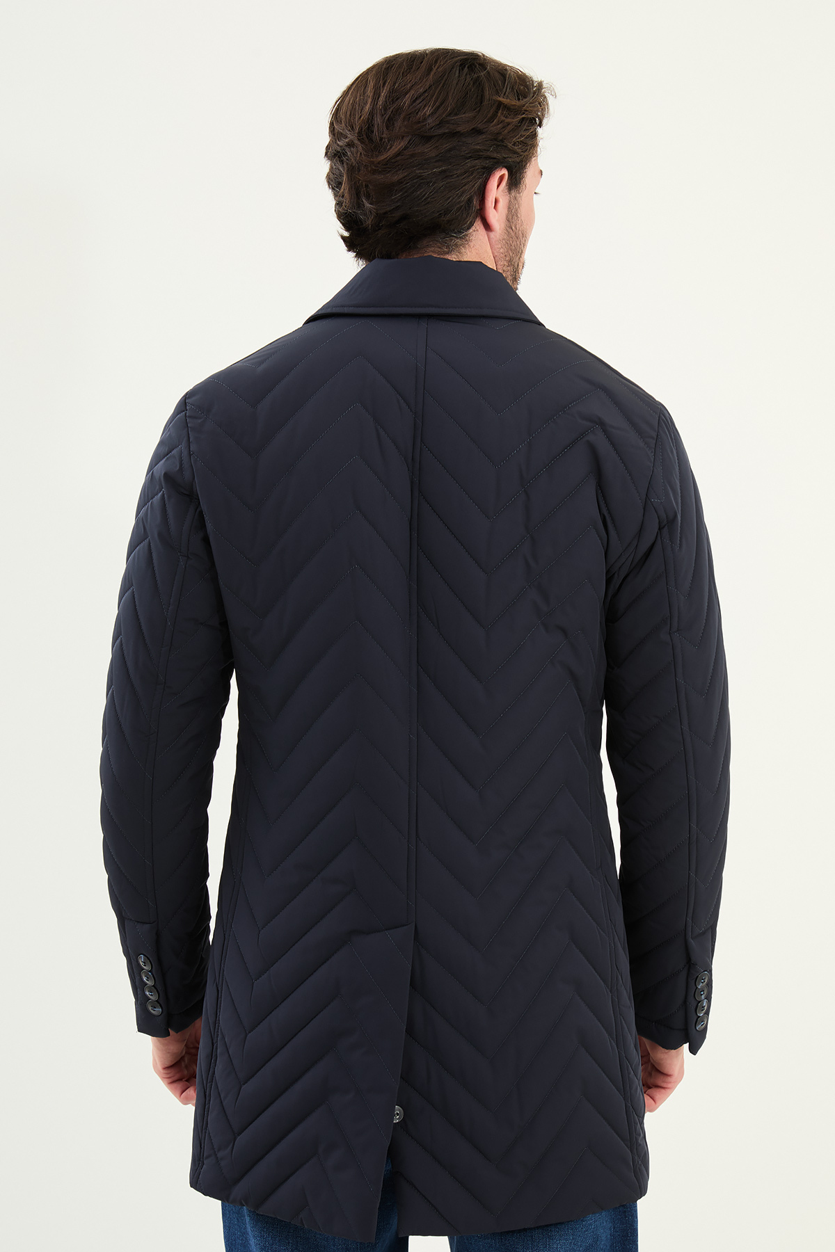 Desenli Slim Fit Gömlek Yaka Erkek Trench Coat Lacivert - 21320.25K — رنگارنگ — تصویر 5 از 6