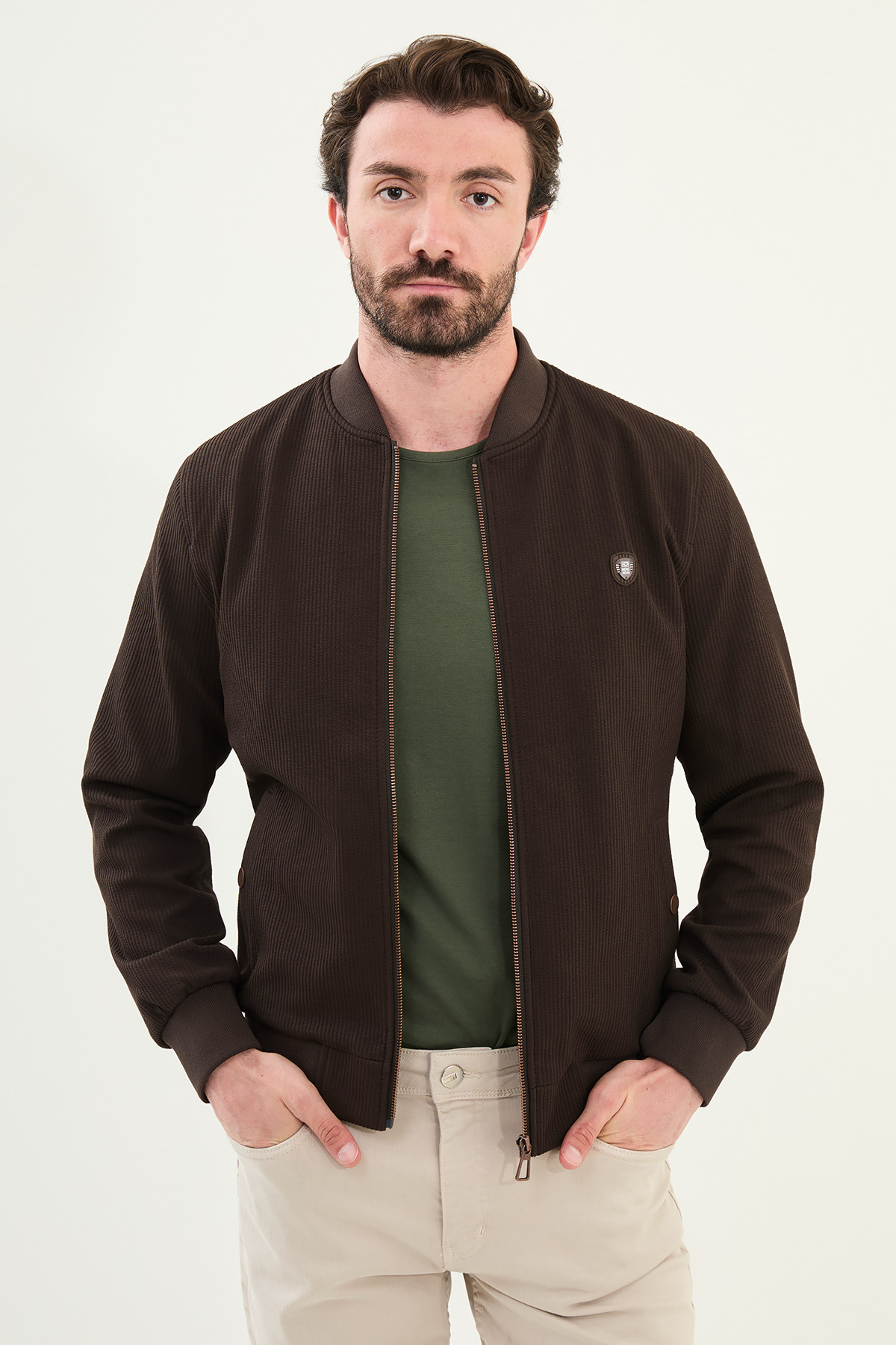 Çizgili Slim Fit Hakim Yaka Erkek Mont Kahve - 39645.25K — رنگارنگ — تصویر 3 از 5