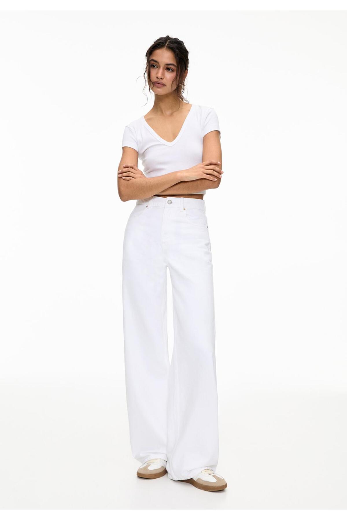 comfort jeans  Beyaz Kadın Likralı Yüksek Bel Wide Leg Salaş Geniş Paça Kot Pantolon - Görsel 5