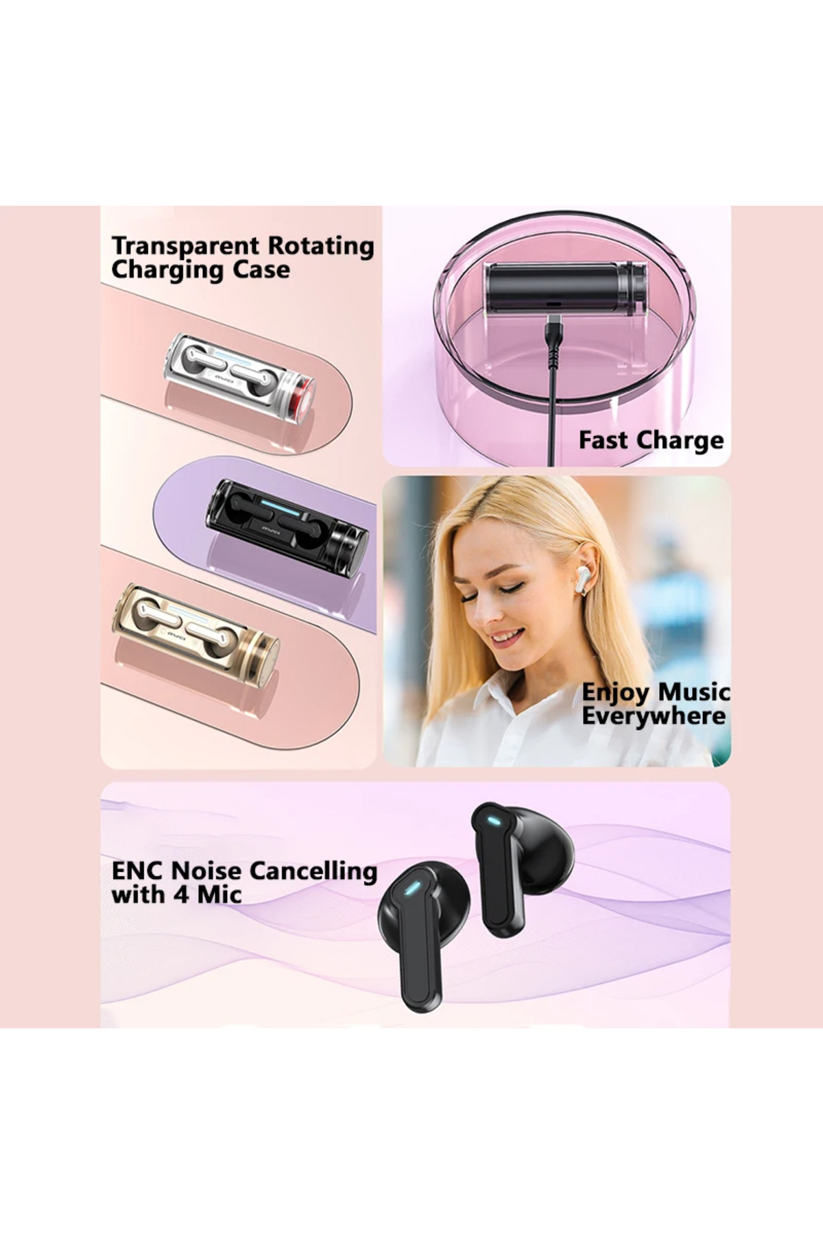 AWEI-T77 Bluetooth Earbuds with Microphone & Rotating Charging Case, 4 Mics with Noise Cancelling 4