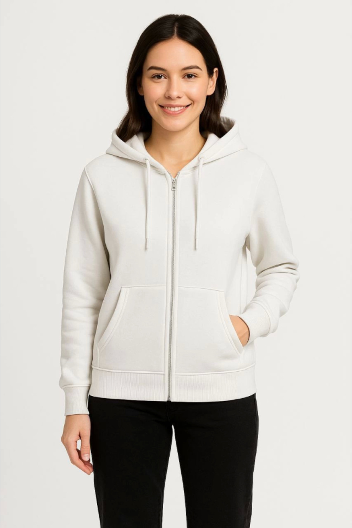 Üç İplik Kapüşonlu Tam Fermuarlı Kanguru Çepli SweatShirt Hoodie - Beyaz