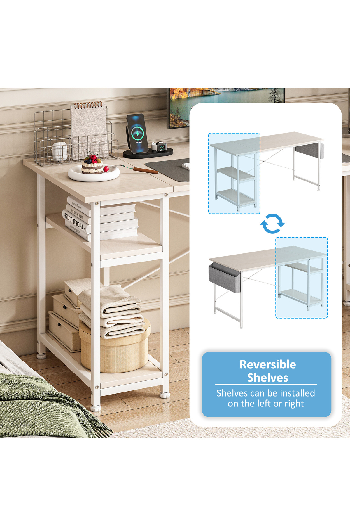 Sheinhome-A computer desk with double storage layers, suitable for home office, Study desk and computer desk 2