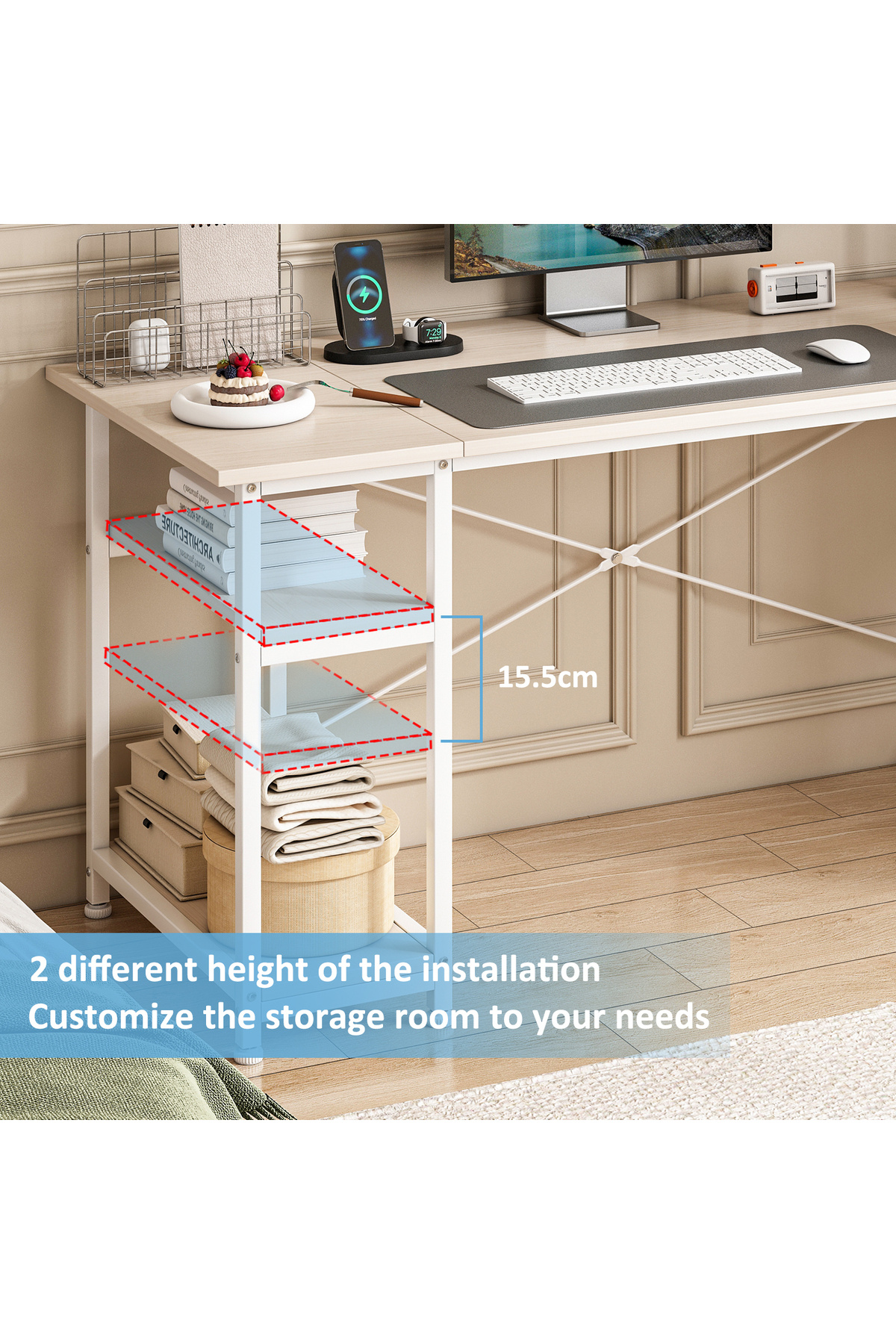 Sheinhome-A computer desk with double storage layers, suitable for home office, Study desk and computer desk 5