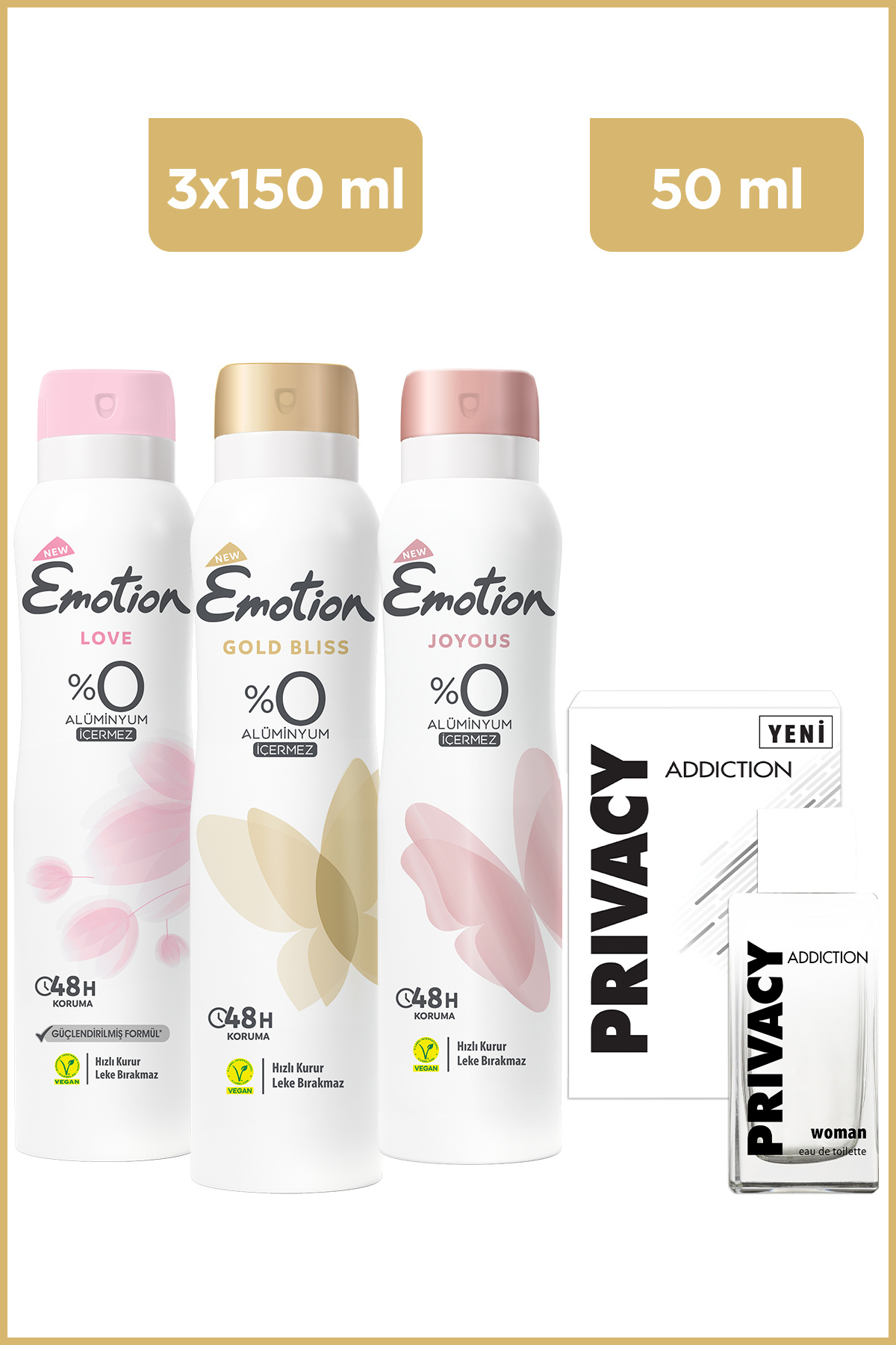Privacy Addiction Woman Edt 50 Ml Parfüm & Emotion Gold Bliss, Joyous, Love Kadın Deodorant 3x150 Ml