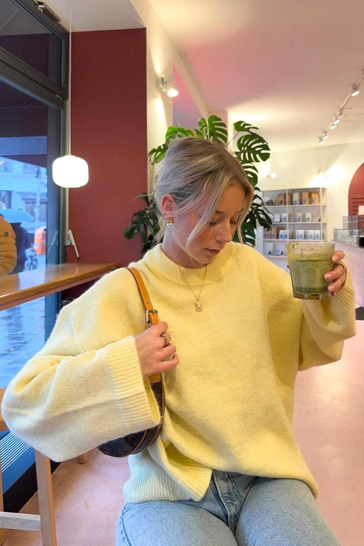 Seeh  Sarı Bisiklet Yaka Oversize Triko Kazak SH173 - Görsel 3