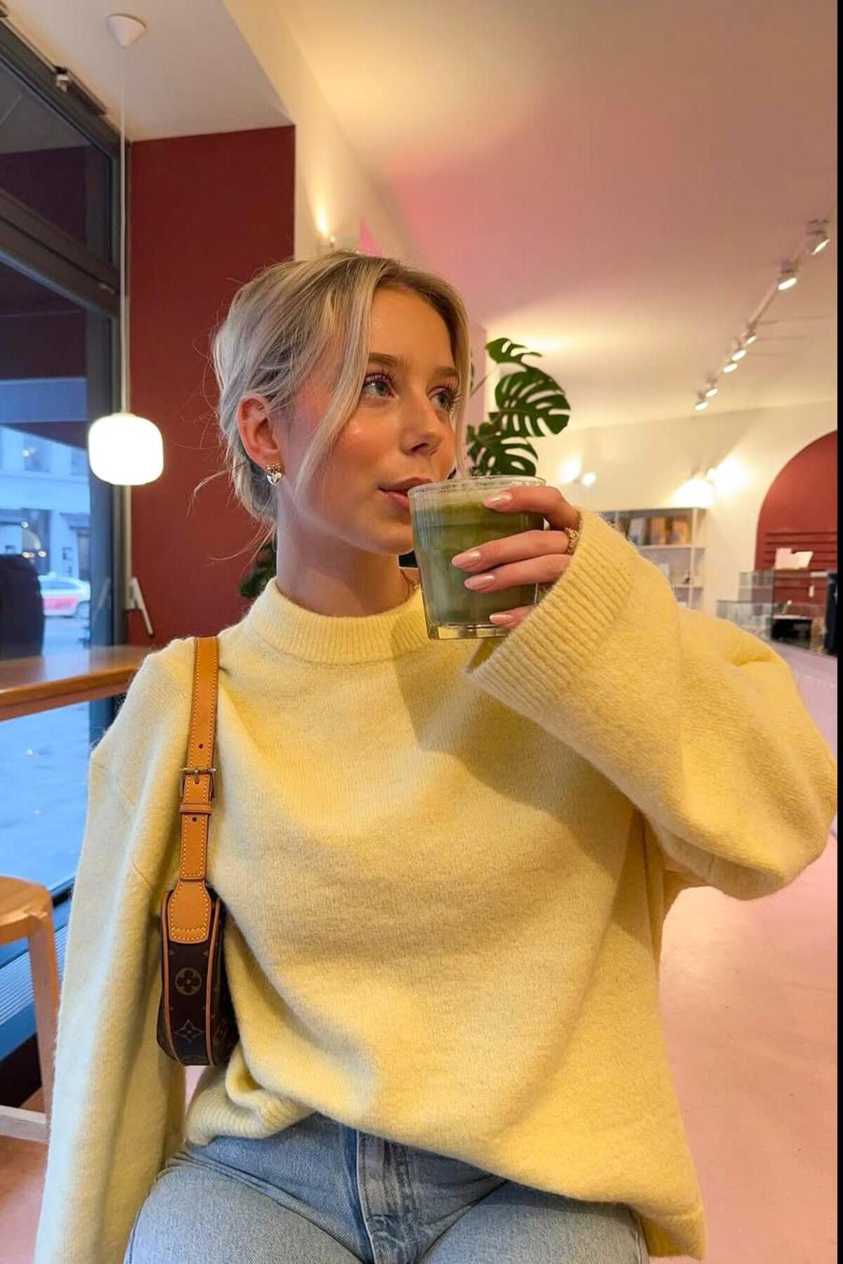 Seeh  Sarı Bisiklet Yaka Oversize Triko Kazak SH173 - Görsel 6