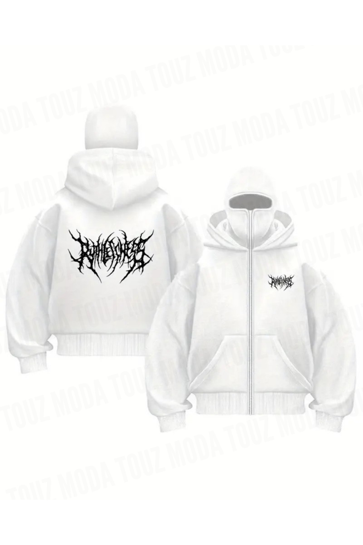 Toum جزئیات ماسک، ژاکت کلاه‌دار سفید زیپ‌دار سایز بزرگ، یونیسکس — رنگارنگ BEYAZNİNJ01s