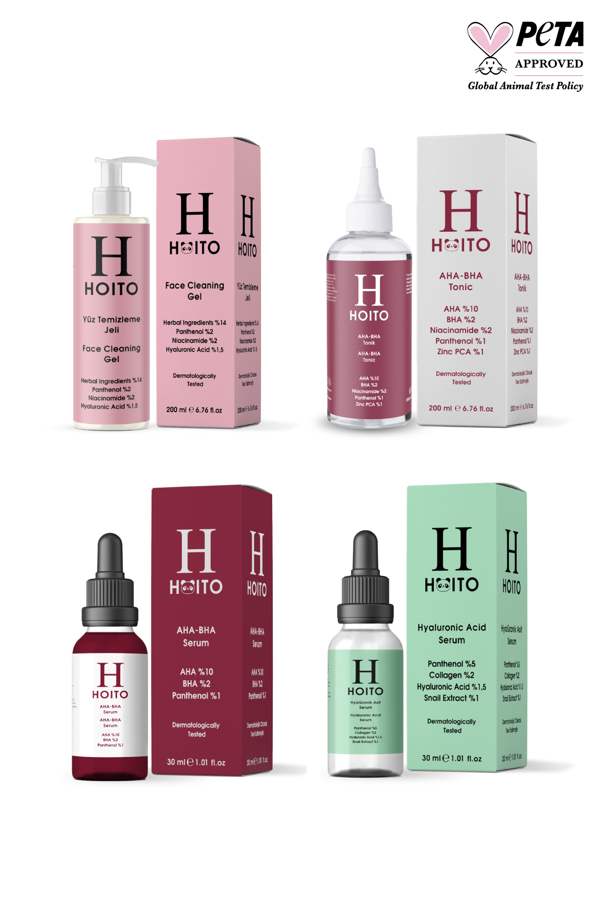 Cilt Yenileyici & Cam Cilt Görünümü Destekleyici Cilt Bakım Rutini: Yüz Temizleme Jeli (200 ml) + AHA BHA Tonik (200 ml) + AHA BHA Serum (30 ml) + Hyalüronik Asit Serum (30 ml) — H10020 — تصویر 2 از 2