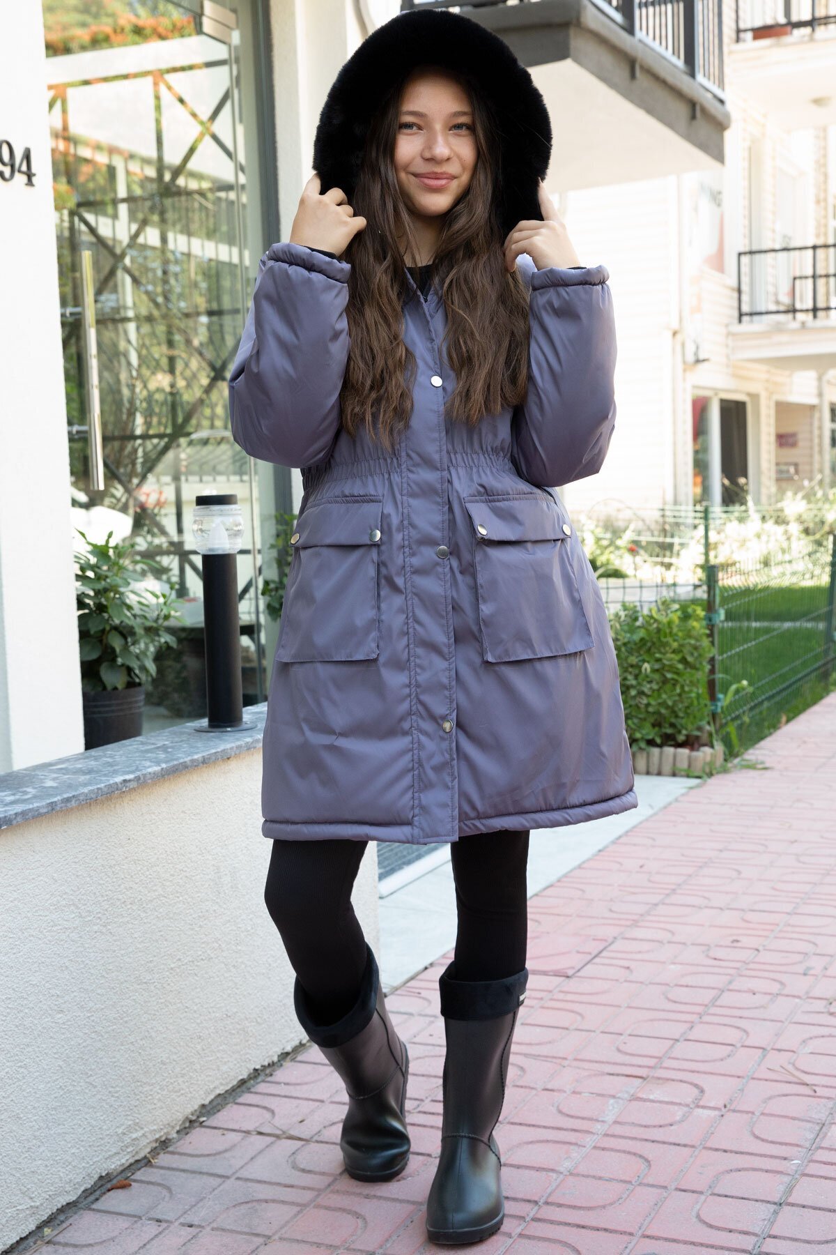 Girl Inflatable Coat with Anthracite Cover, Pocket, Fur Pockets, Removable Hood 21523