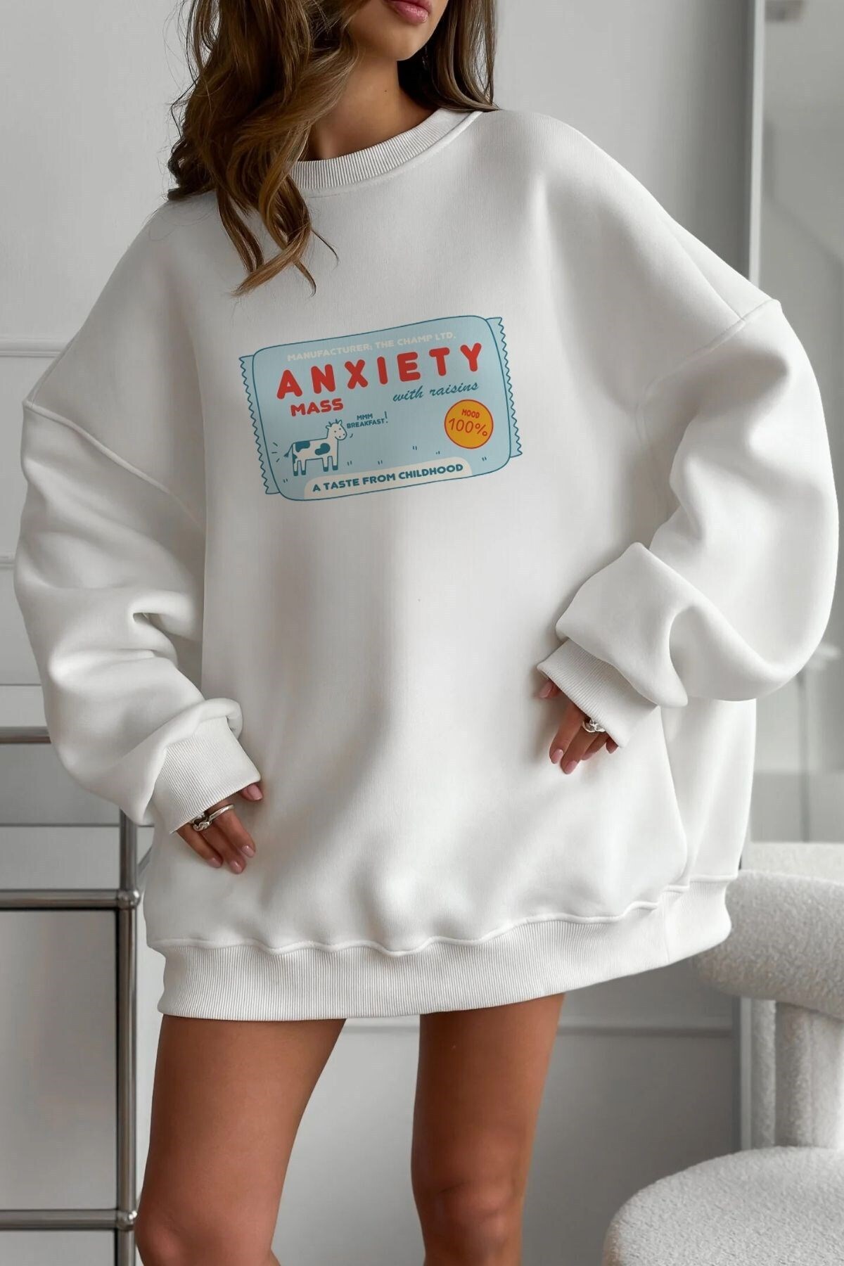 The Champ Clothing Kadın Oversize Sweatshirt Elbise Anxiety Bar Baskılı Beyaz, Bisiklet Yaka, 3 İplik Şardonlu Polar görsel 3