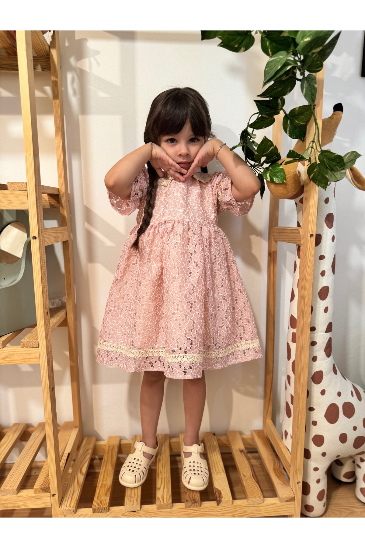 penu baby kids Pembe Dantelli Fisto Kumaş Kısa Kolu Kız Çocuk Kız Bebek Elbise