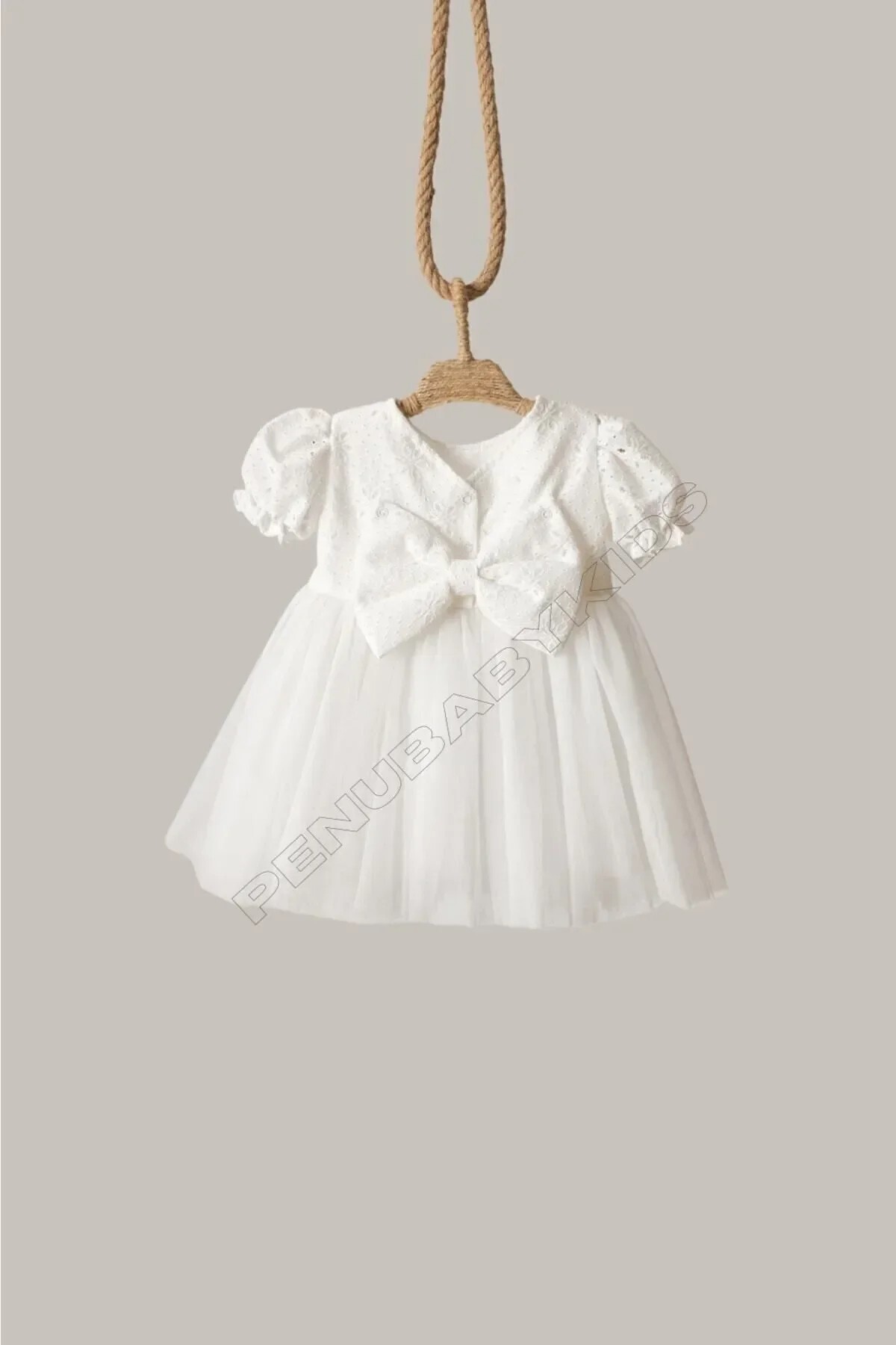 penu baby kids Ekru Fisto Kumaş Altı Tül Etekli Kısa Kollu Fiyonklu Kız Çocuk Kız Bebek Elbise fotoğrafı 7 (önizleme)