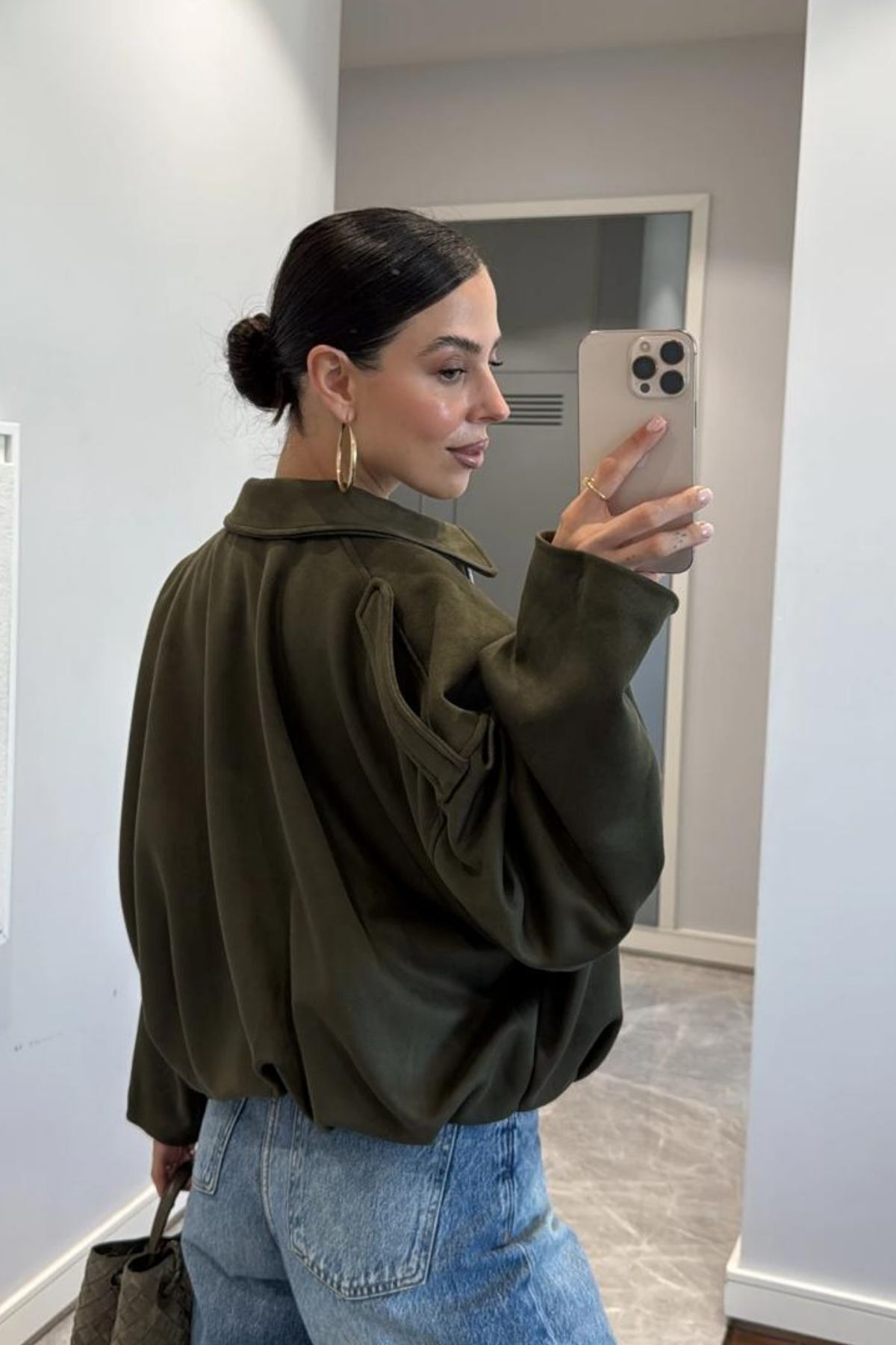 FMN Butik pinterest model bomber süet kumaş tasarım dik yaka marka muadil şık astarlı mont kaban ceket görsel 4