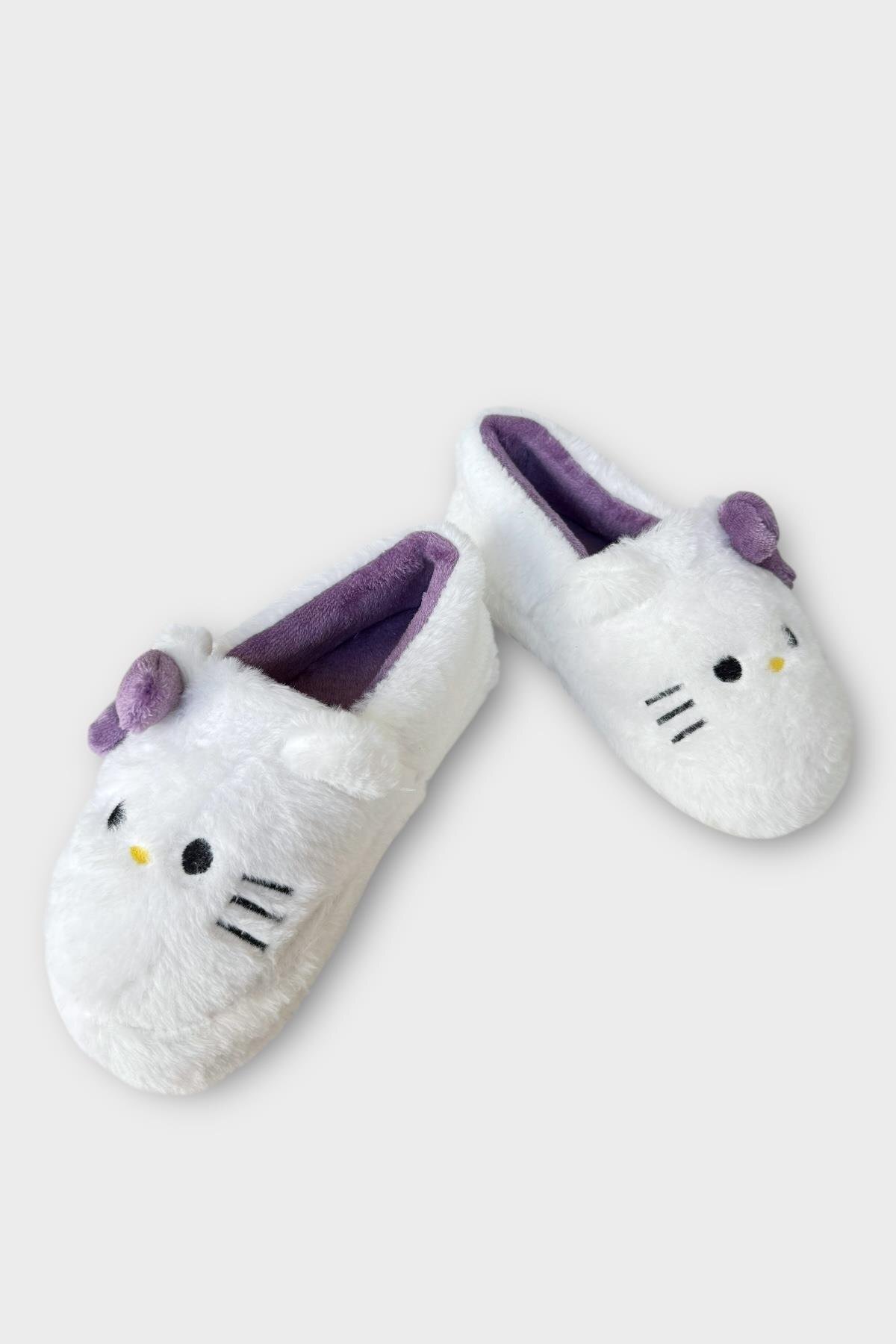 Liger Kışlık Kadın HelloKitty Figürlü Kaydırmaz Taban Ev Ayakkabısı Panduf BEYAZ - MOR görsel 4