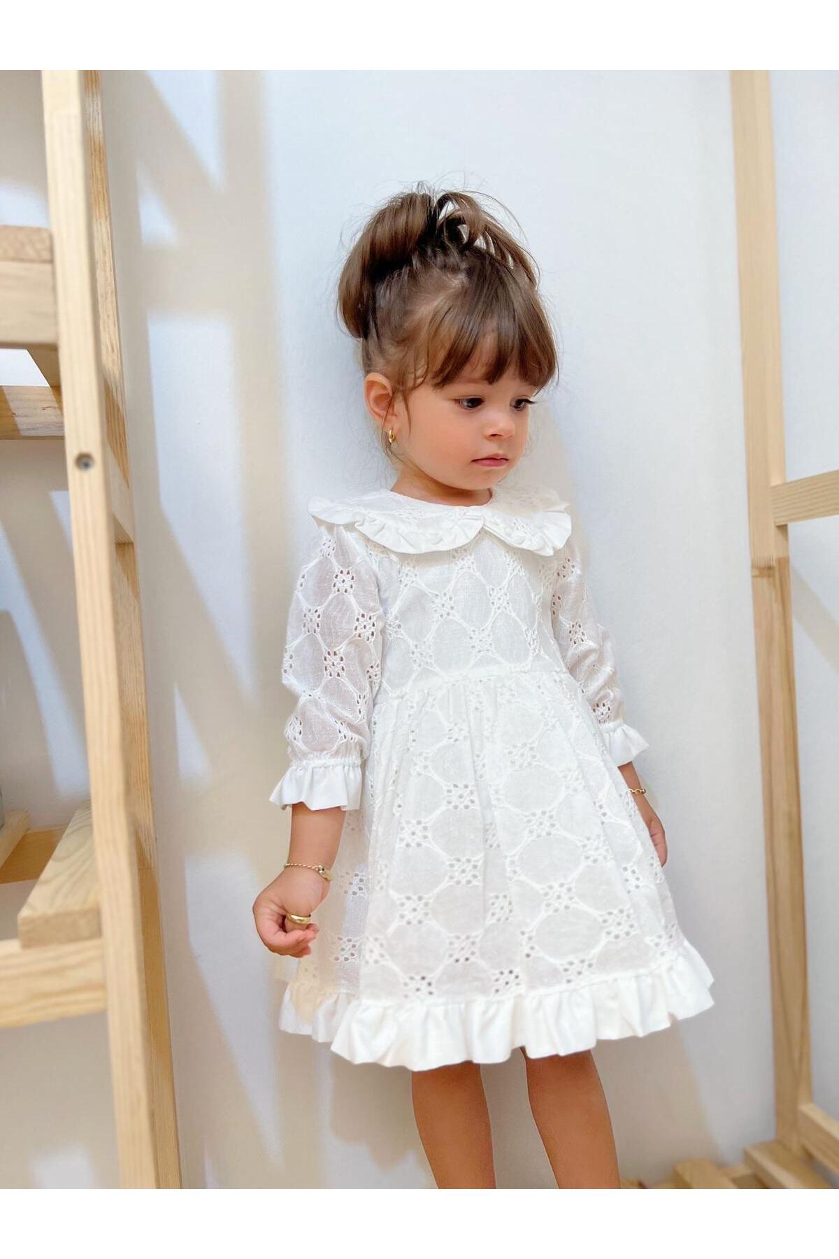 penu baby kids Ekru Bebe Yakalı Fiyonklu Fisto Kumaş Uzun Kollu Kız Çocuk Kız Bebek Elbise fotoğrafı 3 (önizleme)