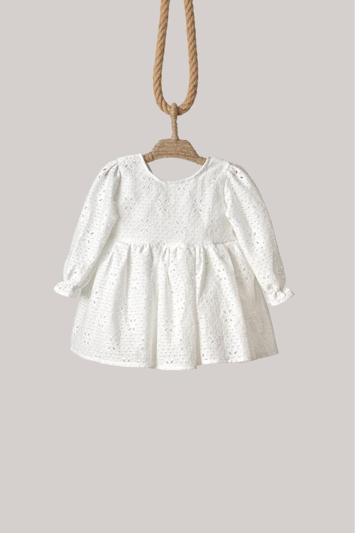 penu baby kids Ekru Çiçek Desenli Fisto Kumaş Fiyonklu Uzun Kollu Kız Çocuk Kız Bebek Elbise fotoğrafı 5 (önizleme)