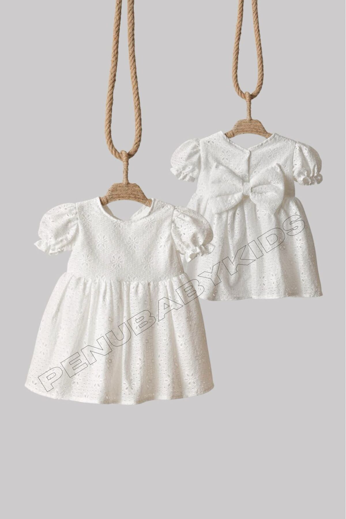 penu baby kids Ekru Çiçek Desenli Fisto Kumaş Fiyonklu Kısa Kollu Kız Çocuk Kız Bebek Elbise fotoğrafı 6 (önizleme)