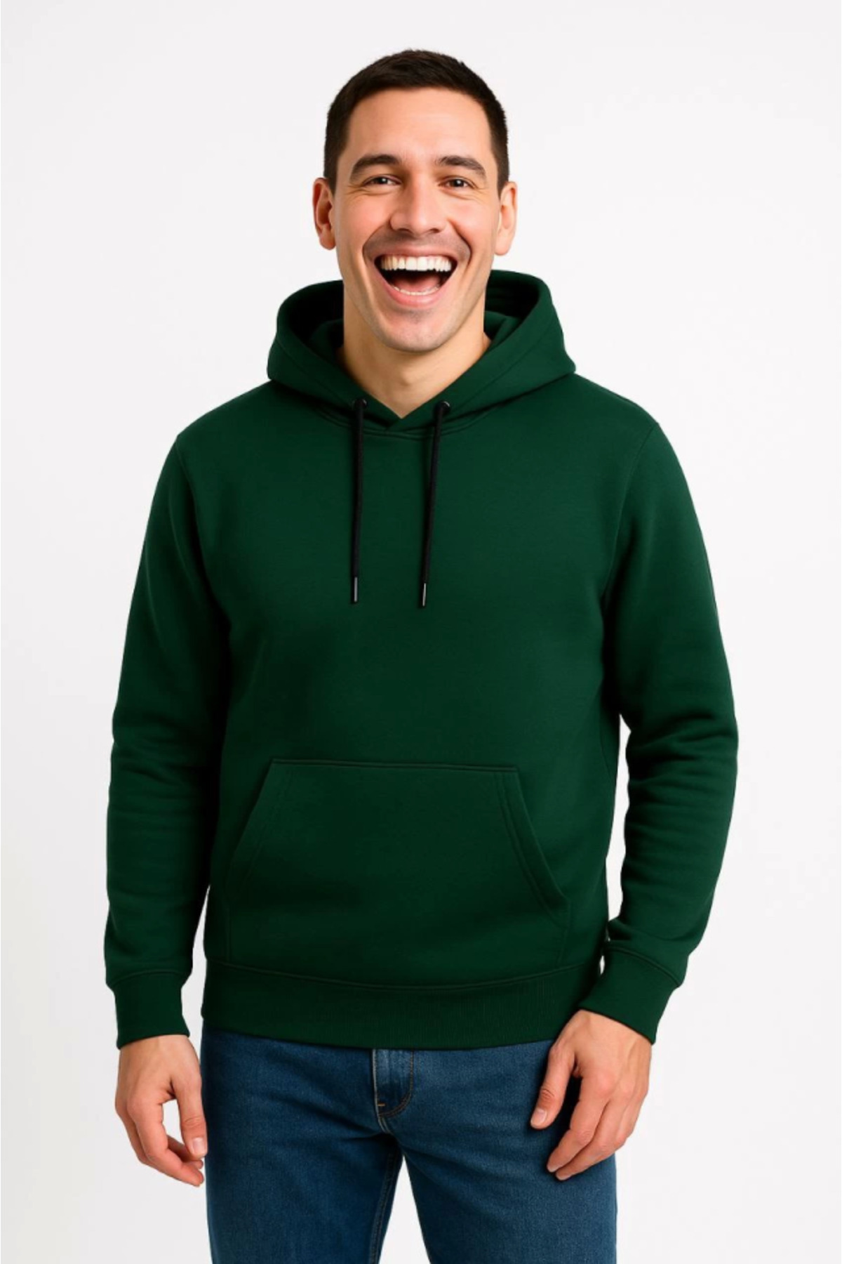 Erkek Üç İplik Kapüşonlu Kanguru Cepli SweatShirt Hoodie - Haki