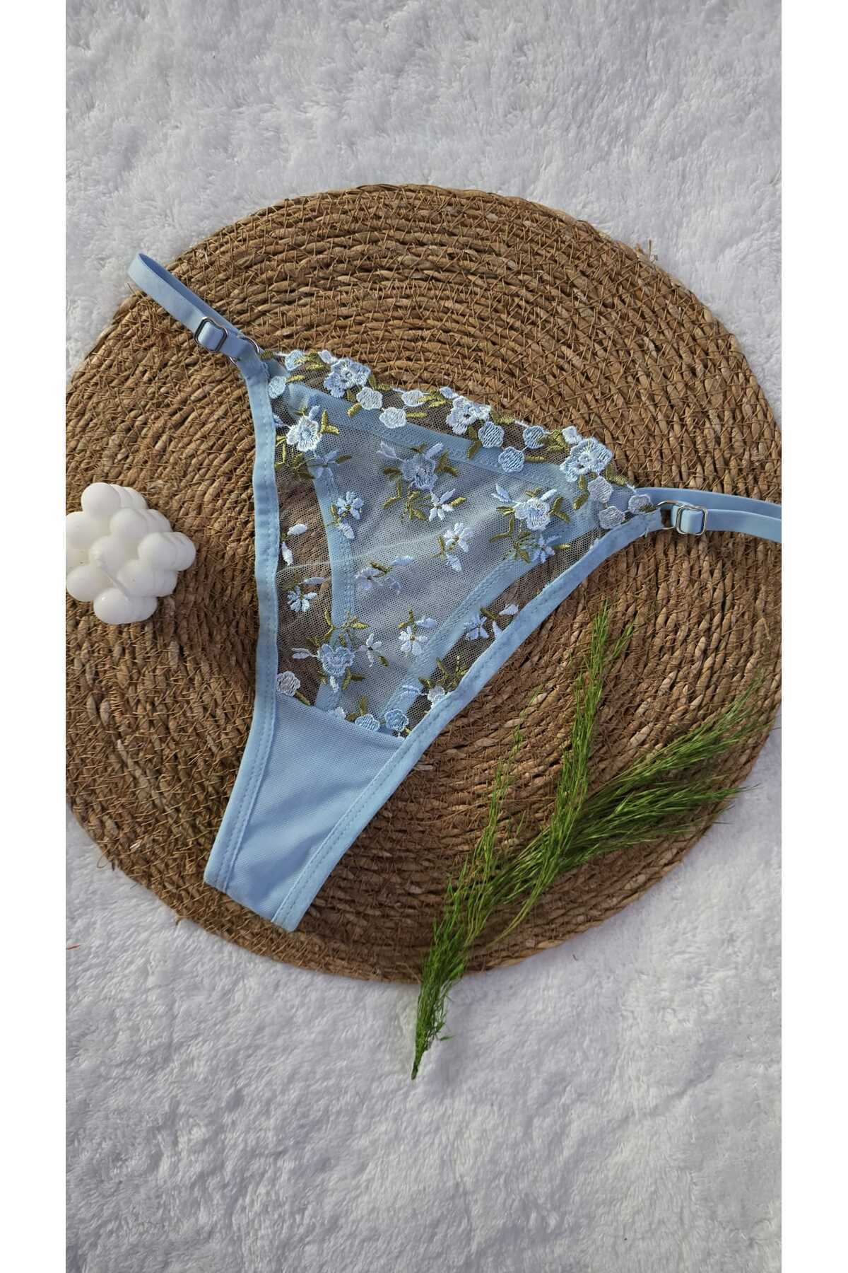 more than socks  Mavi Minik Çiçek Desenli Balenli Sütyen Takım - Görsel 7