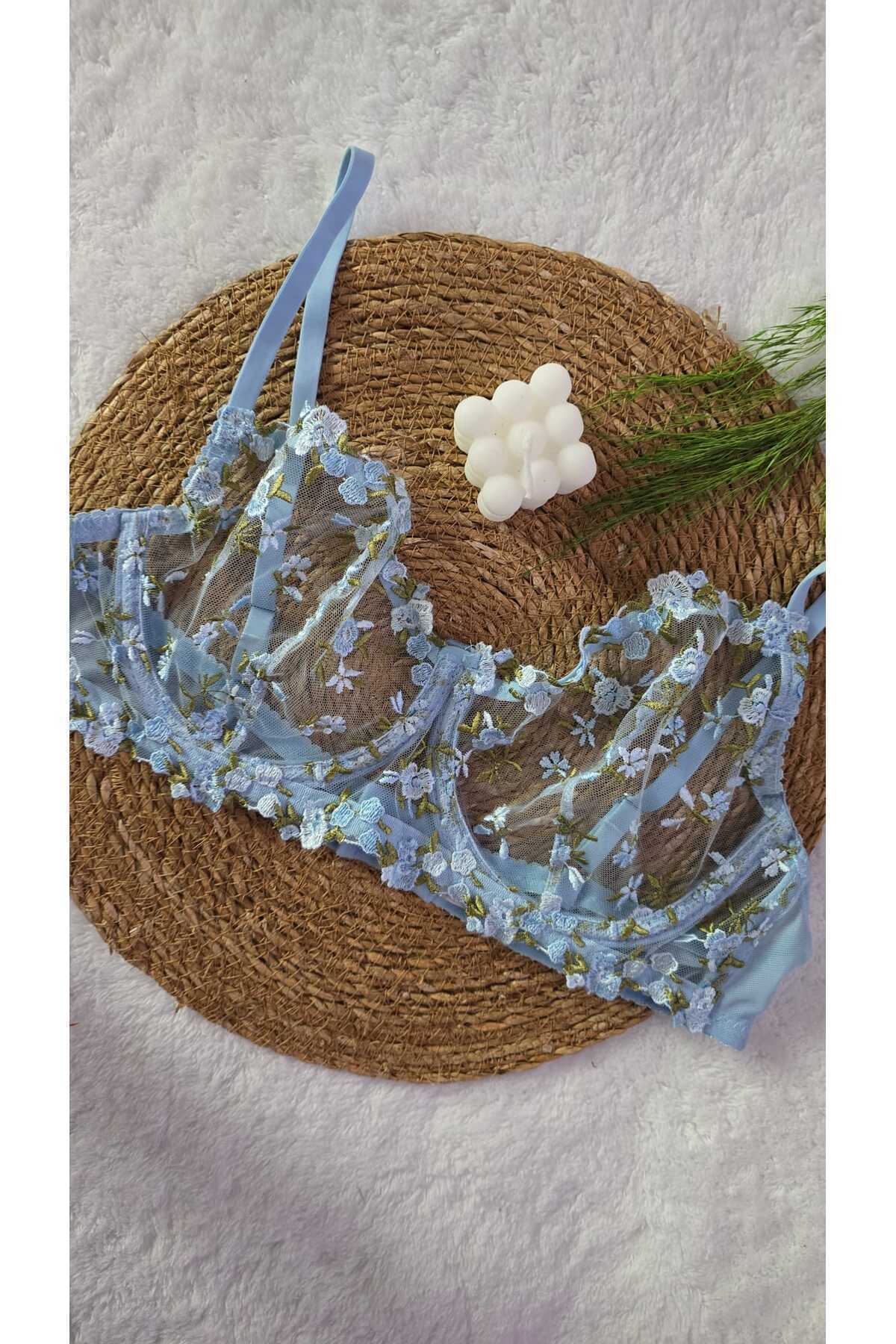 more than socks  Mavi Minik Çiçek Desenli Balenli Sütyen Takım - Görsel 6