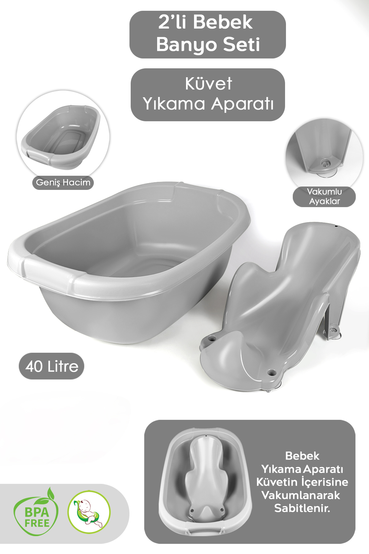 2-Piece Baby Bathroom Set - Baby Washing Bathtub - Vacuum Based Washing Apparatus Seat - Gray