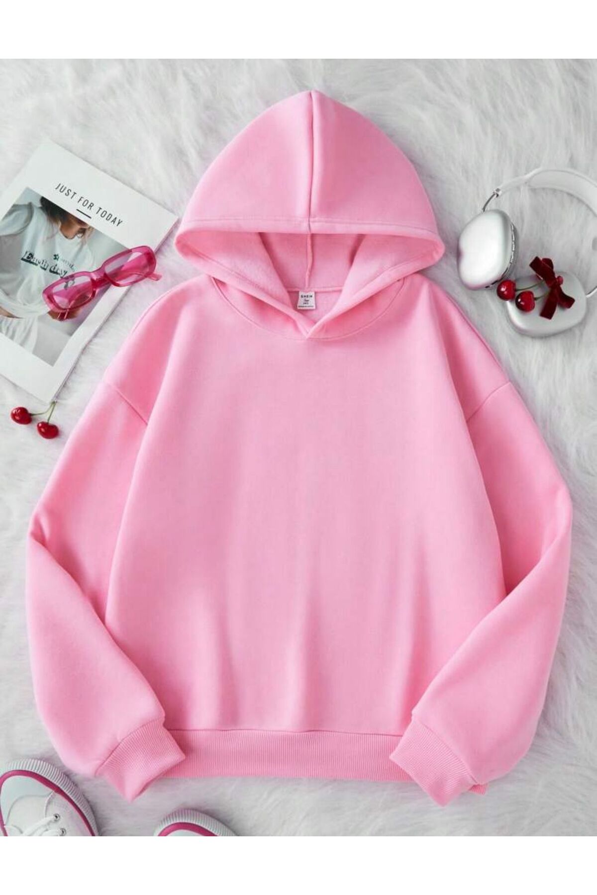 trendgar  Pembe Cherry Good Day Sırt Baskılı Kapşonlu Kanguru Cep Sweatshirt Hodie - Görsel 3
