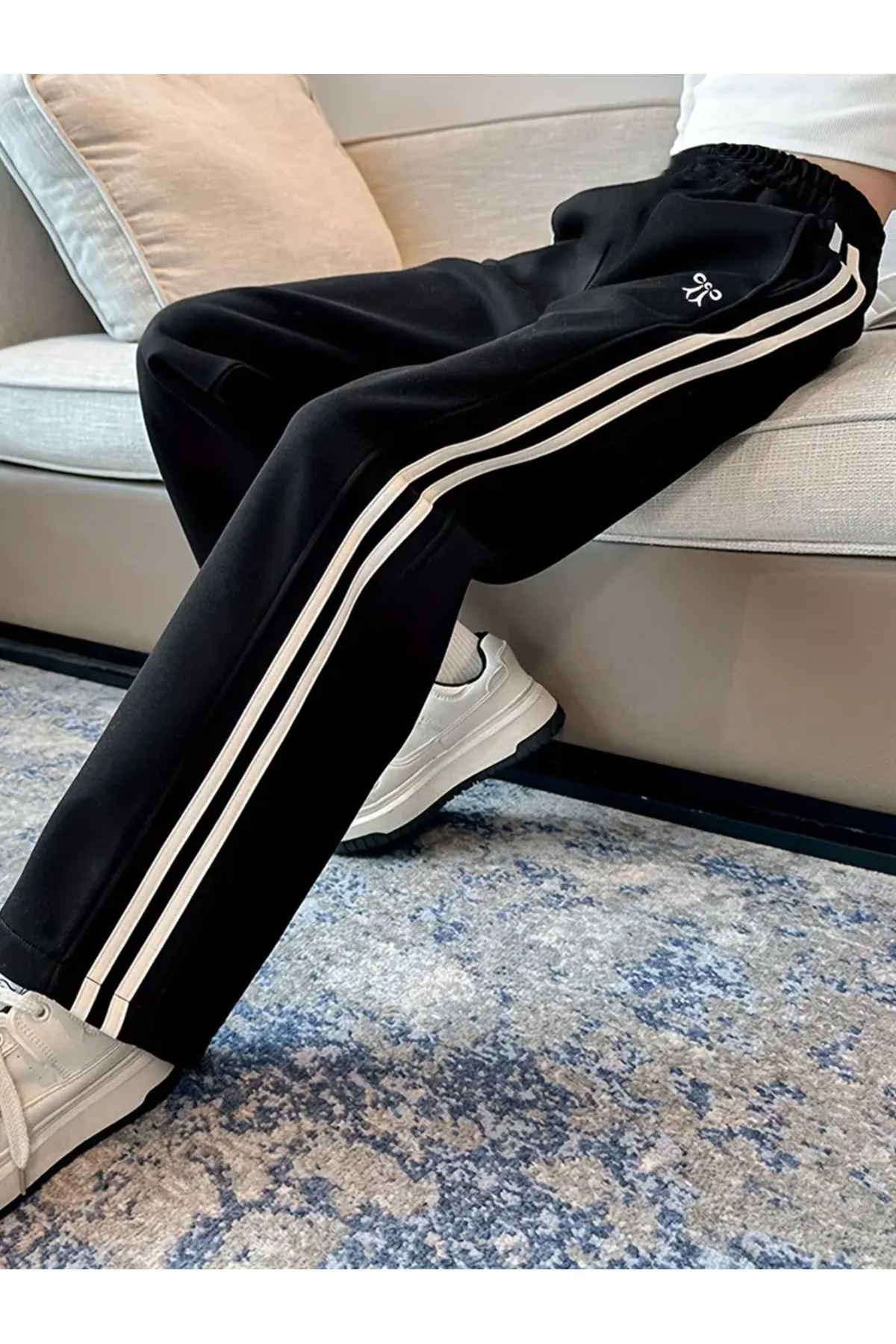 pandy  Çift Şeritli Kurdele Baskılı Kadın Bol Paça Eşofman Altı - Görsel 2