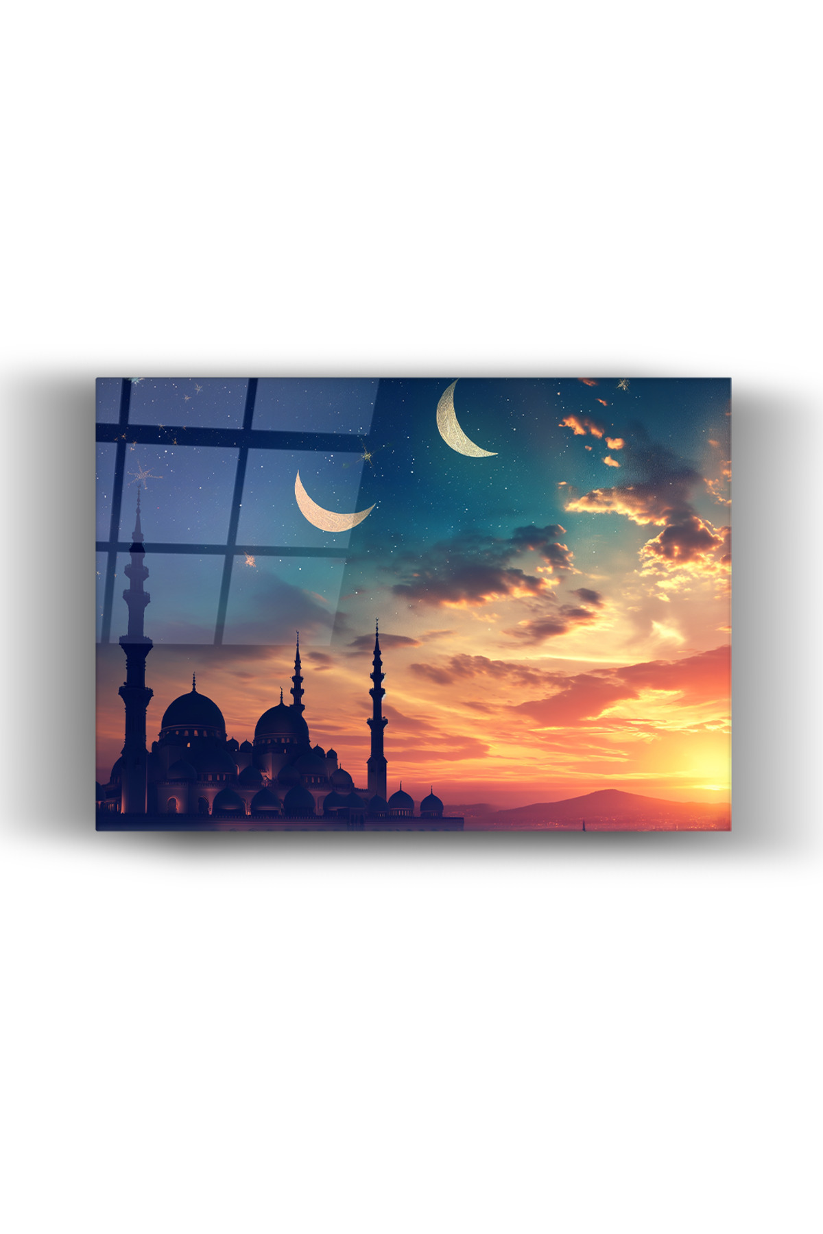 Gün Batımı Temalı Cami Cam Tablo–Altın Yaldızlı Sanat ve Modern Dekoratif Duvar Tablosu |