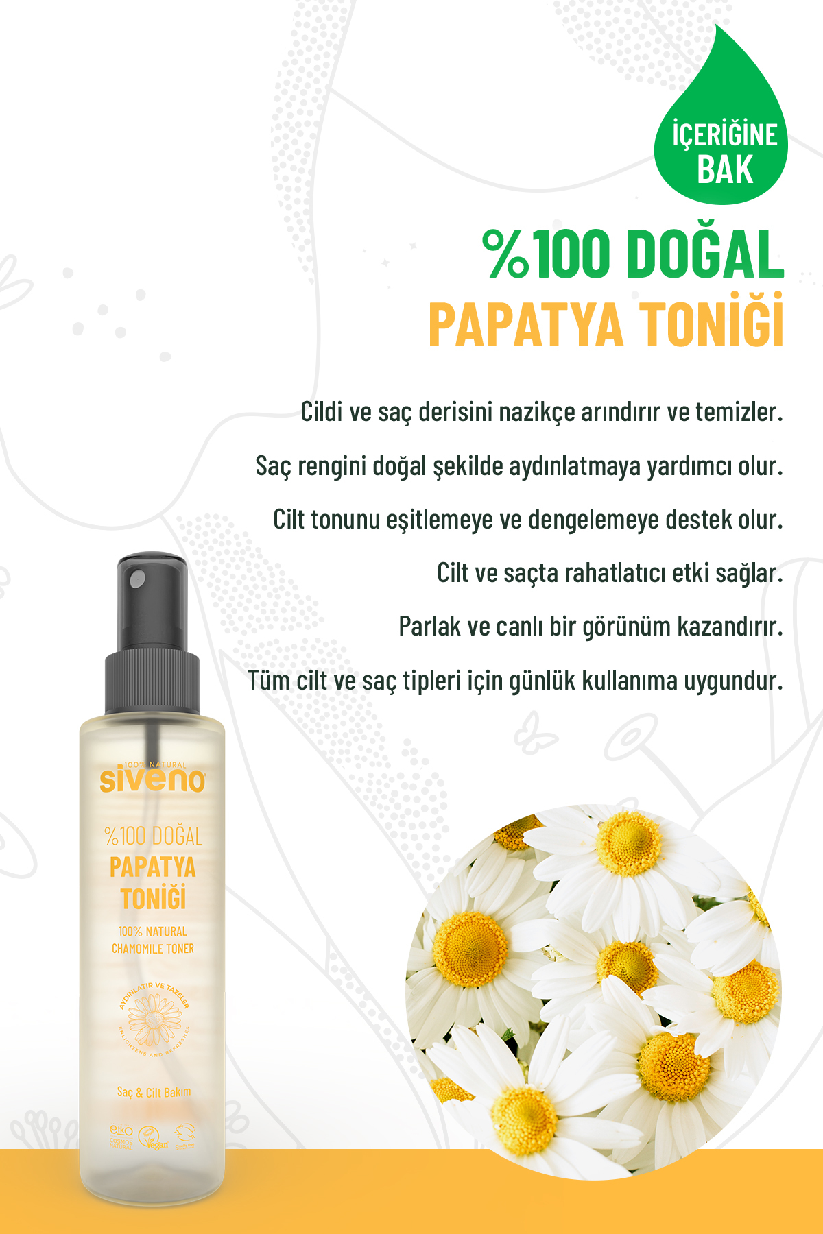 %100 Doğal Papatya Suyu Saç Aydınlatıcı Etkili Arındırıcı Rahatlatıcı Saç ve Cilt toniği 150 ml — MSIV-000197 — تصویر 2 از 8