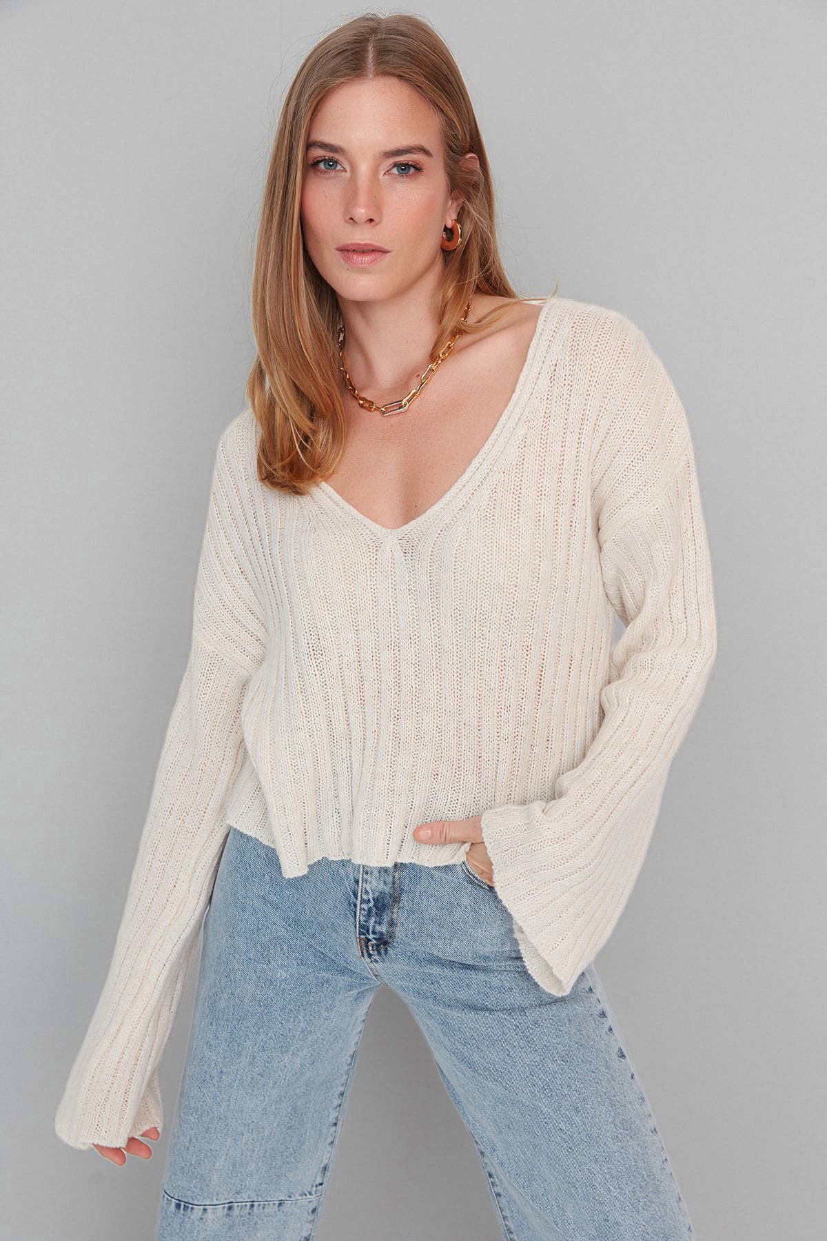 Trendyolmilla  Taş Merserize Görünümlü Yünlü Geniş Kalıp Basic Triko Kazak TWOAW23KZ01844 - Görsel 3